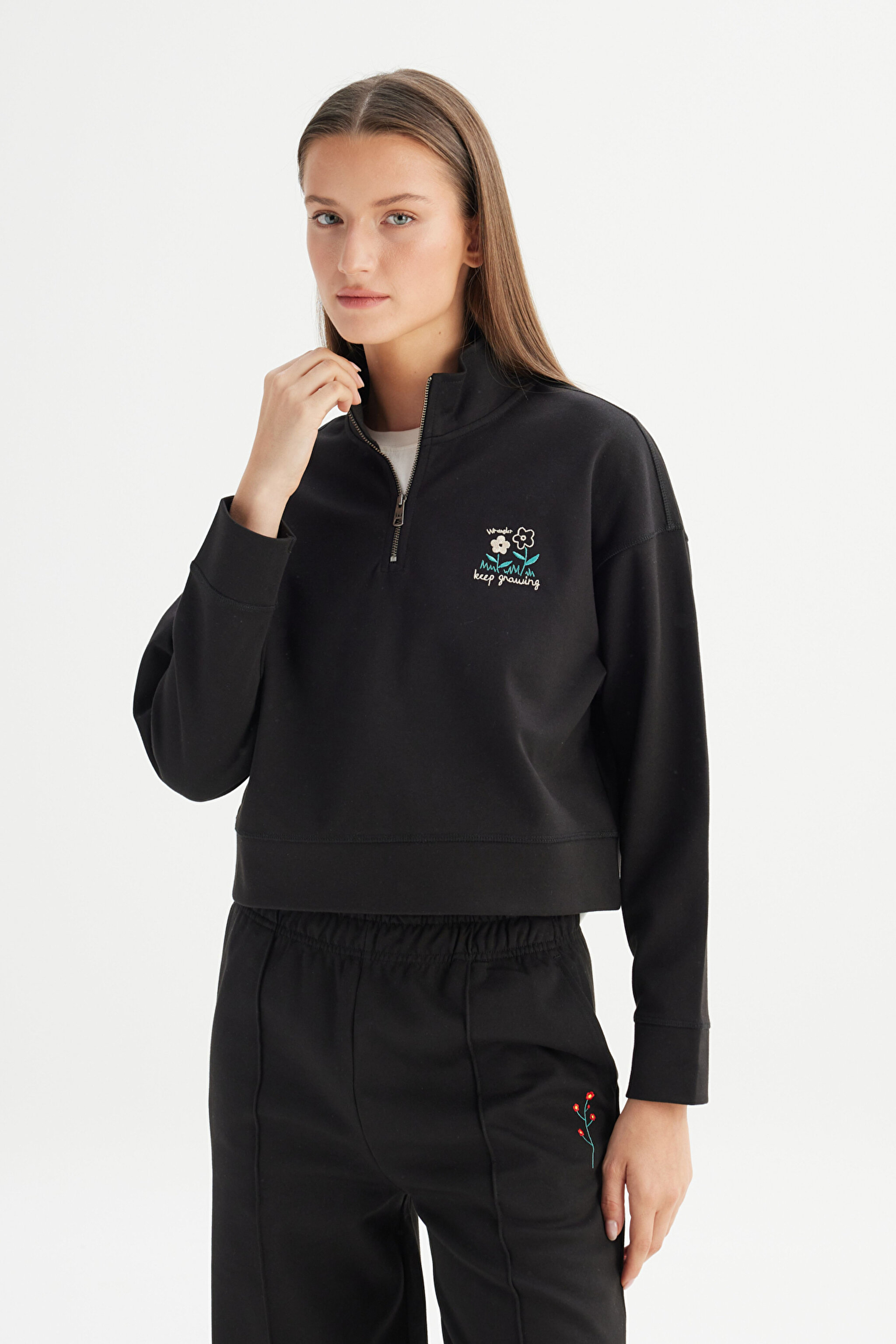 Regular Fit Normal Kesim Fermuar Yaka Detaylı Siyah Sweatshirt