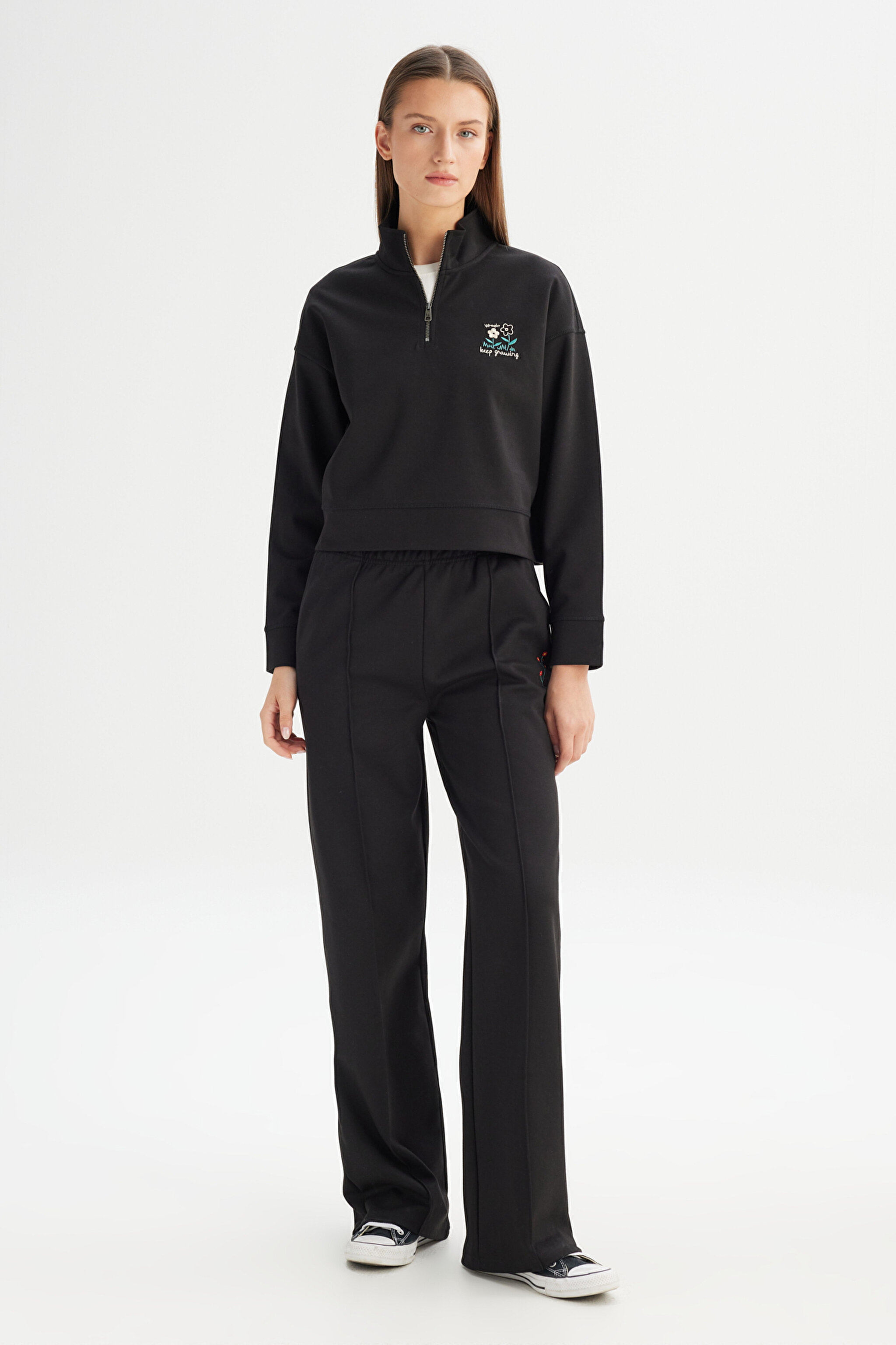 Regular Fit Normal Kesim Fermuar Yaka Detaylı Siyah Sweatshirt - Black-W2520522001 (görsel 2)