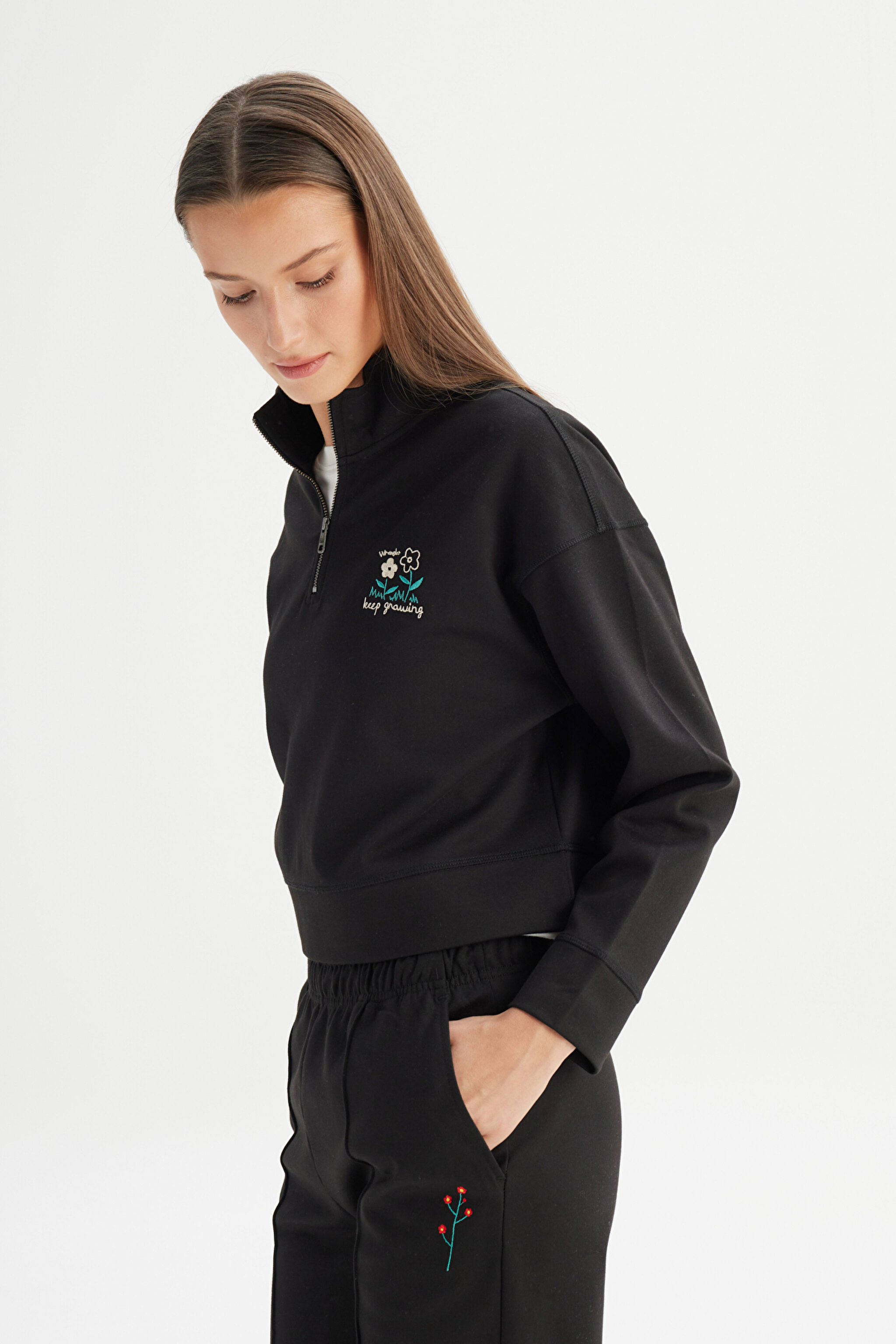 Regular Fit Normal Kesim Fermuar Yaka Detaylı Siyah Sweatshirt - Black-W2520522001 (görsel 3)