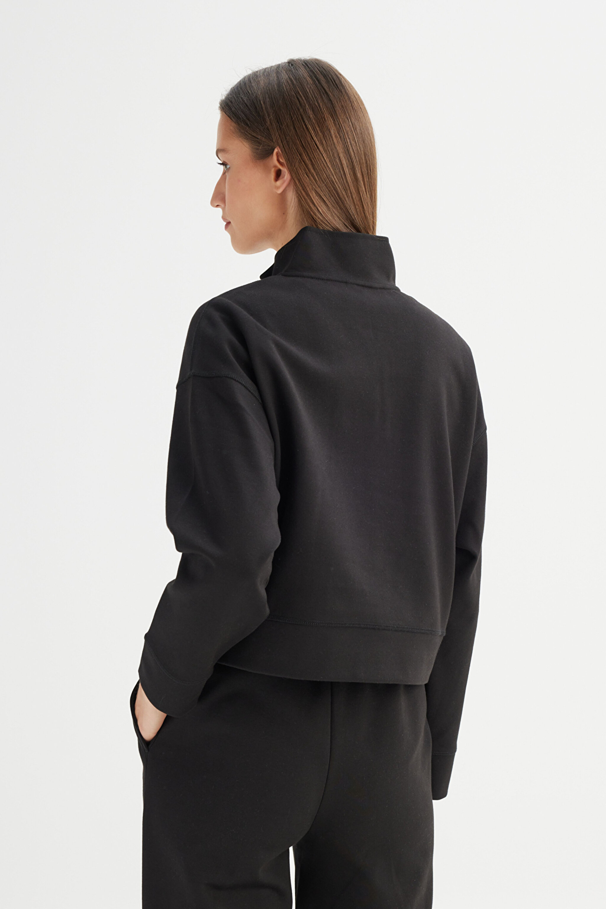 Regular Fit Normal Kesim Fermuar Yaka Detaylı Siyah Sweatshirt - Black-W2520522001 (görsel 5)