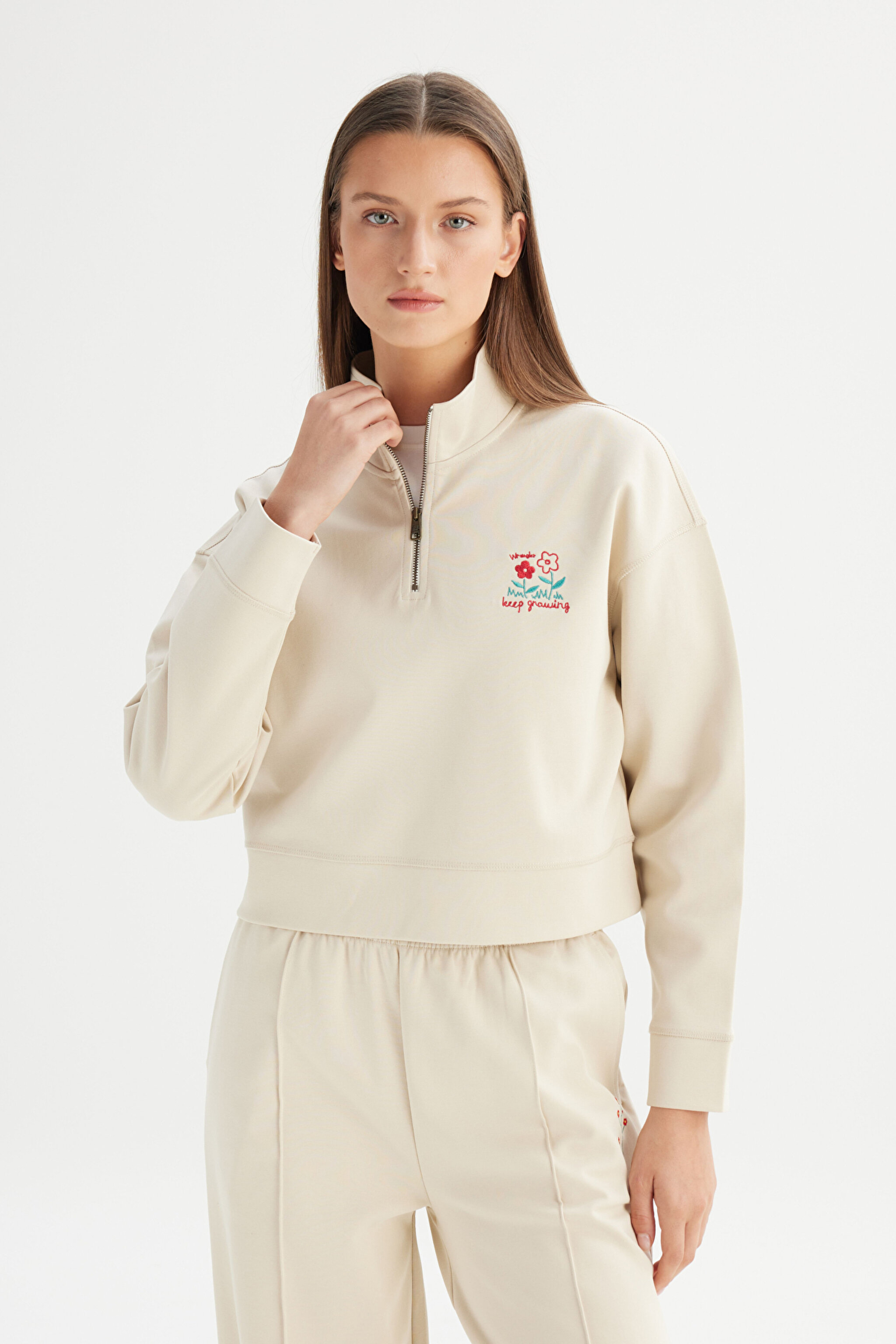 Regular Fit Normal Kesim Fermuar Yaka Detaylı Bej Sweatshirt - Beige-W2520522614 (görsel 3)