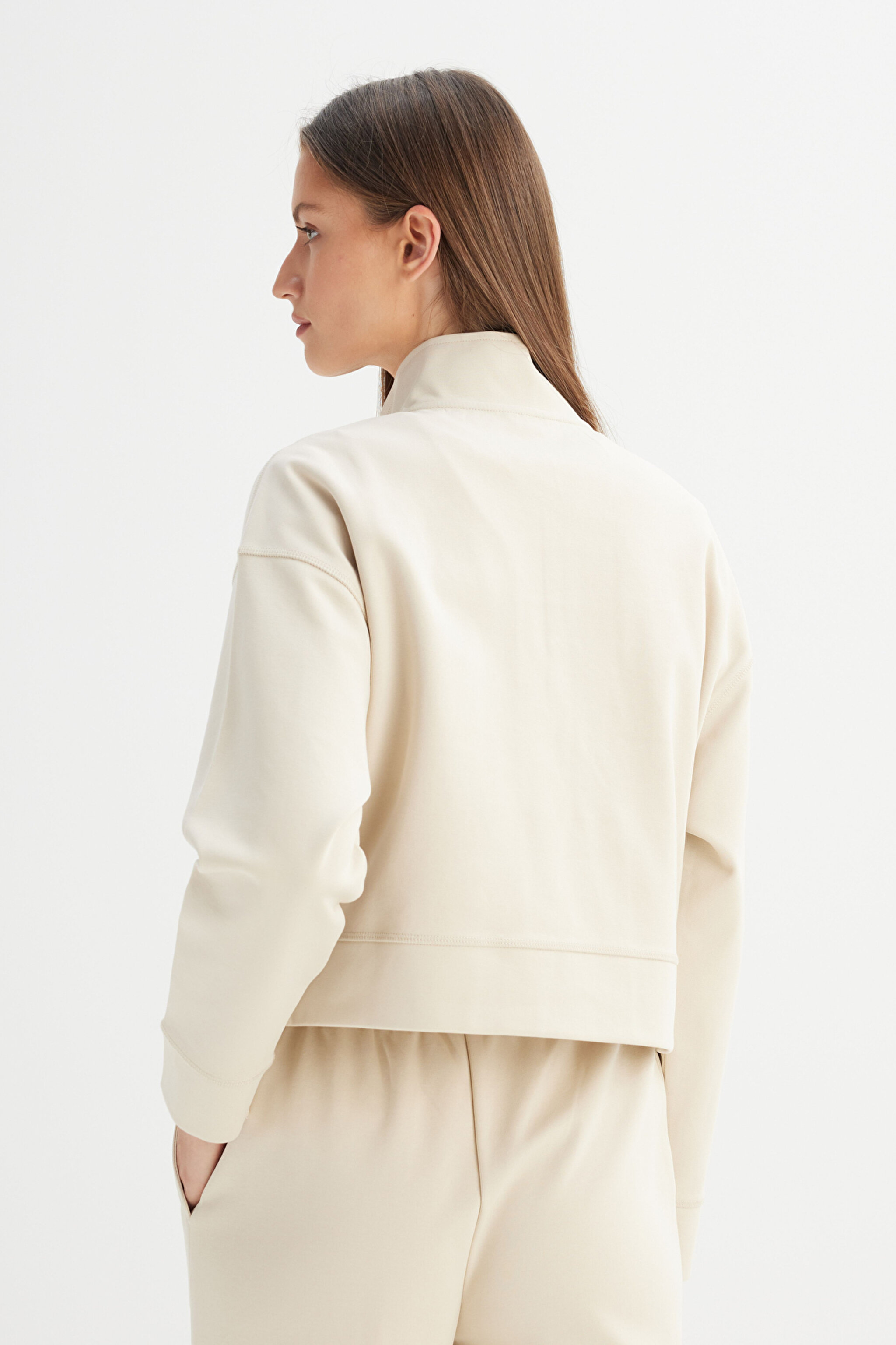 Regular Fit Normal Kesim Fermuar Yaka Detaylı Bej Sweatshirt - Beige-W2520522614 (görsel 5)
