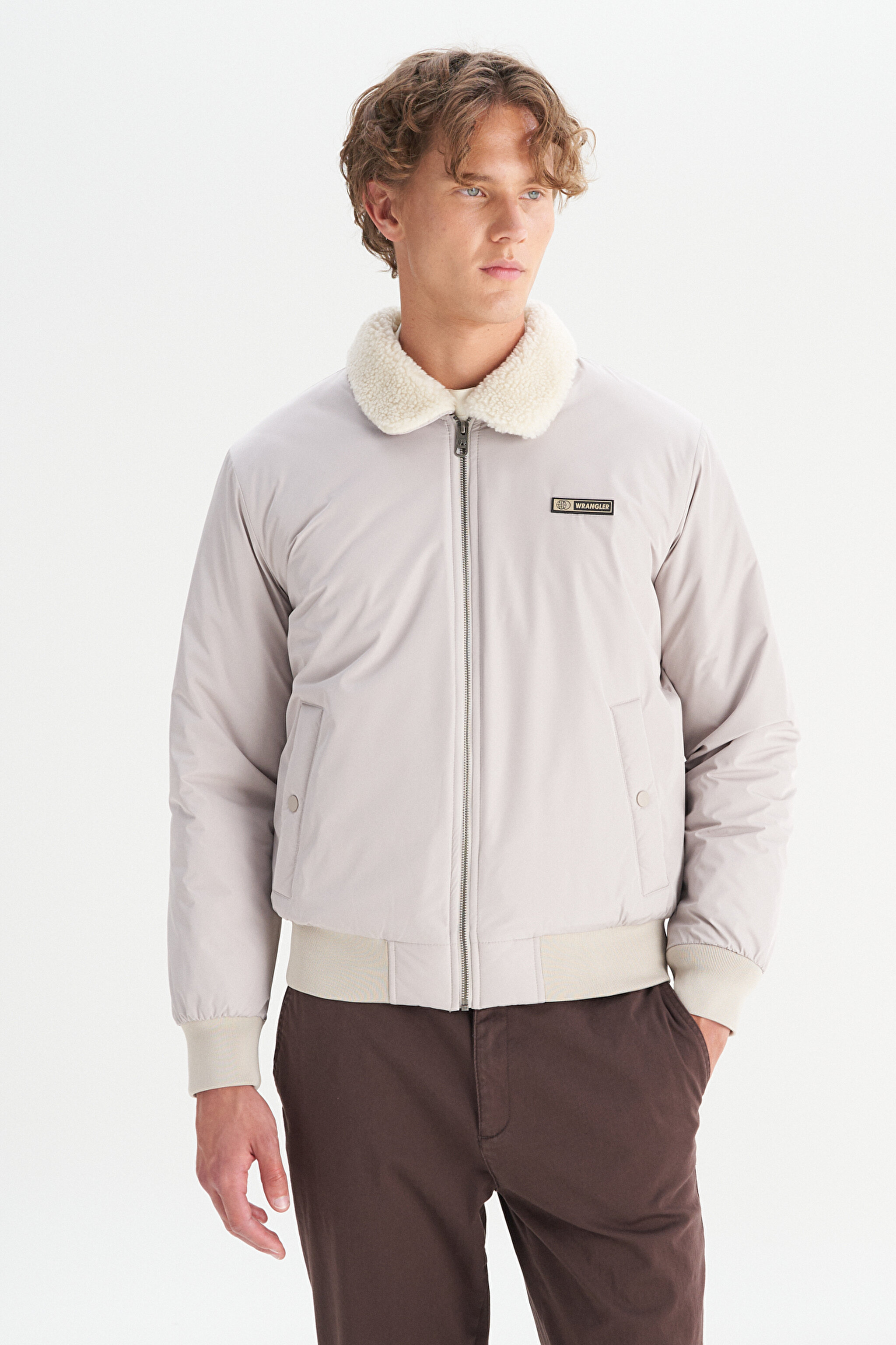 Regular Fit Normal Kesim Gömlek Yaka Cepli Bomber Ceket - Beige-W2520524614 (görsel 3)