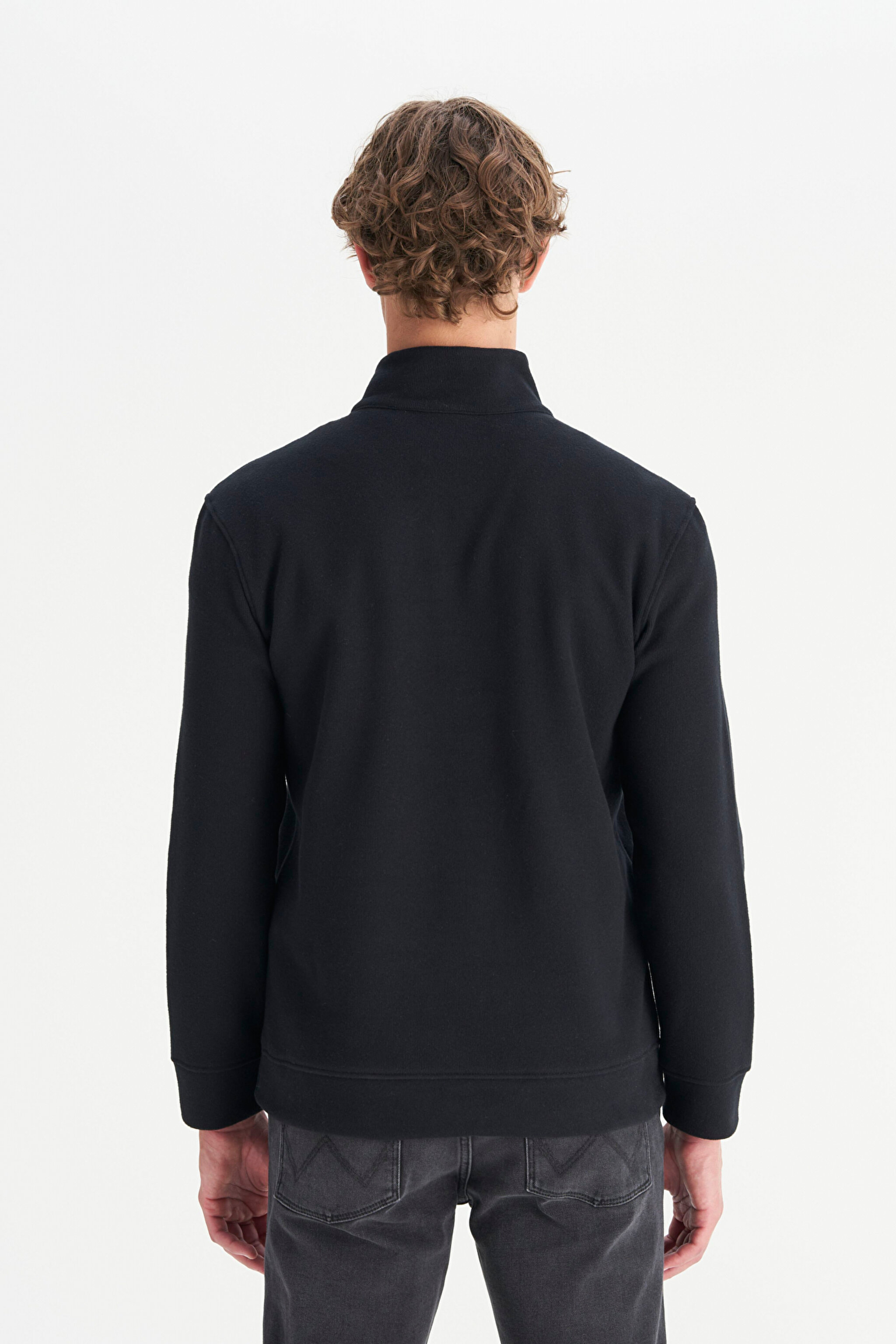 Pamuklu Regular Fit Dik Yaka Fermuarlı Selanik Örgü Sweatshirt - Black-W2520532001 (görsel 5)
