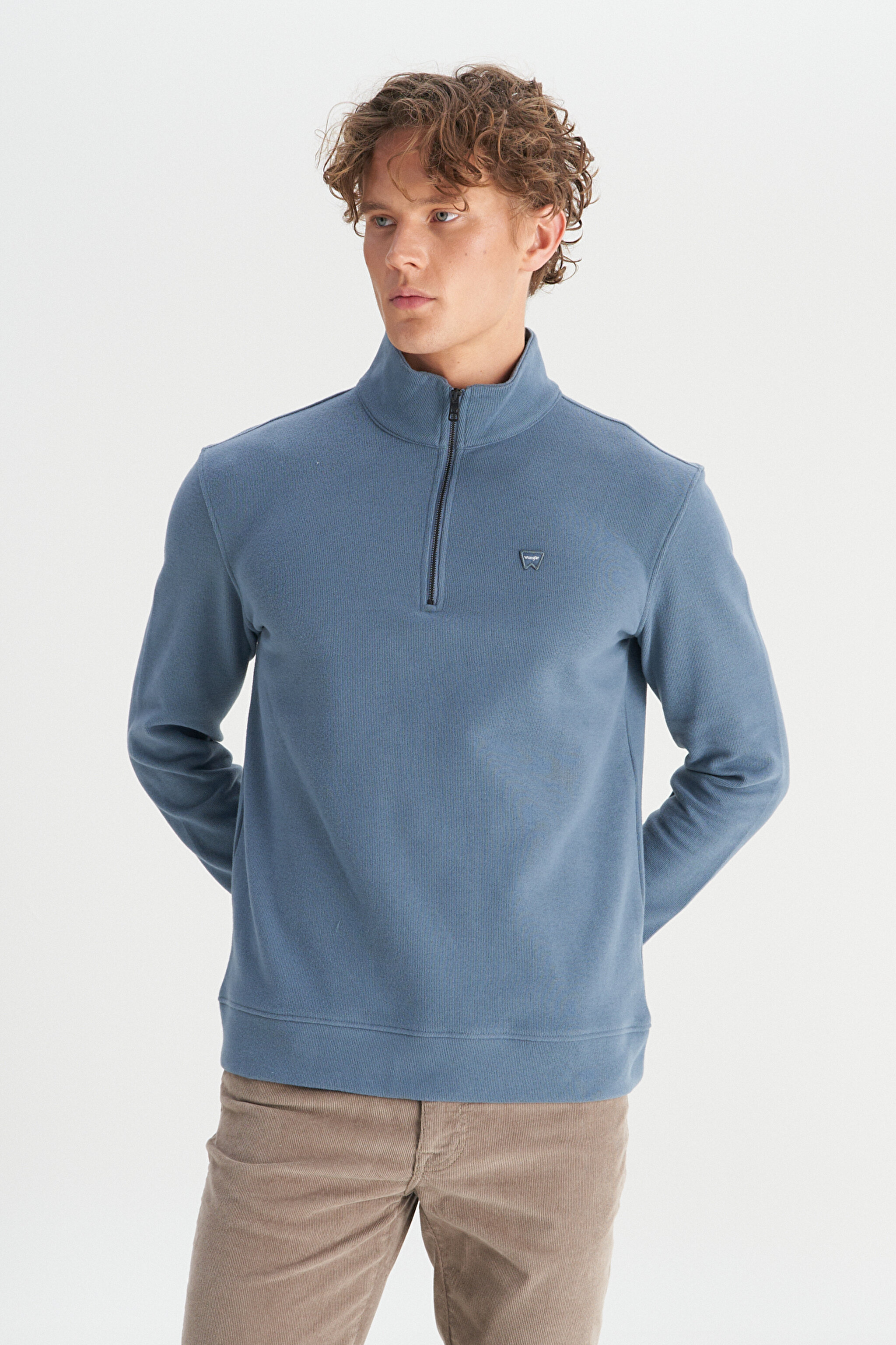 Pamuklu Regular Fit Dik Yaka Fermuarlı Selanik Örgü Sweatshirt - Petrol-W2520532405