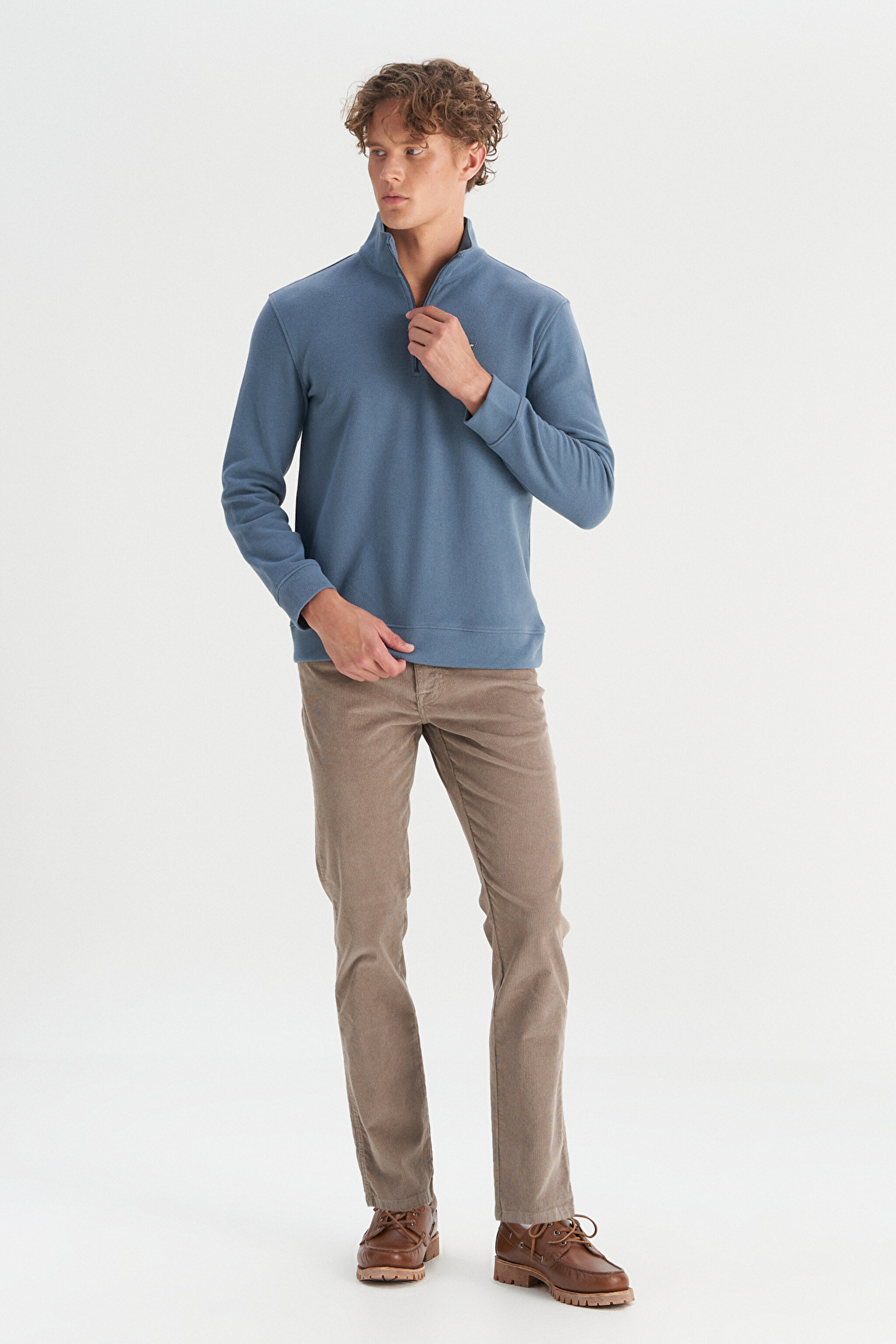 Pamuklu Regular Fit Dik Yaka Fermuarlı Selanik Örgü Sweatshirt - Petrol-W2520532405 (görsel 2)