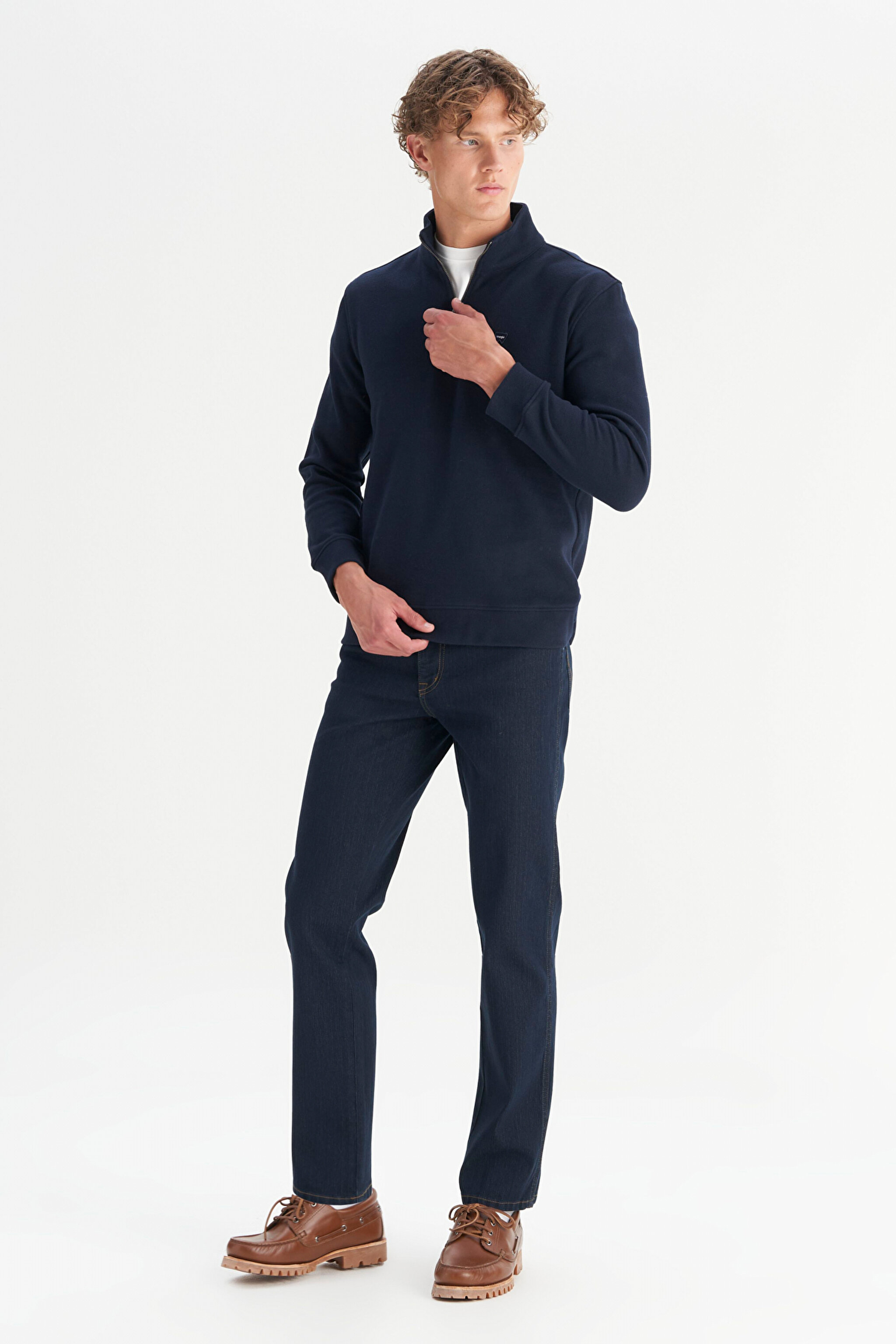 Pamuklu Regular Fit Dik Yaka Fermuarlı Selanik Örgü Sweatshirt - Navy-W2520532410 (görsel 2)