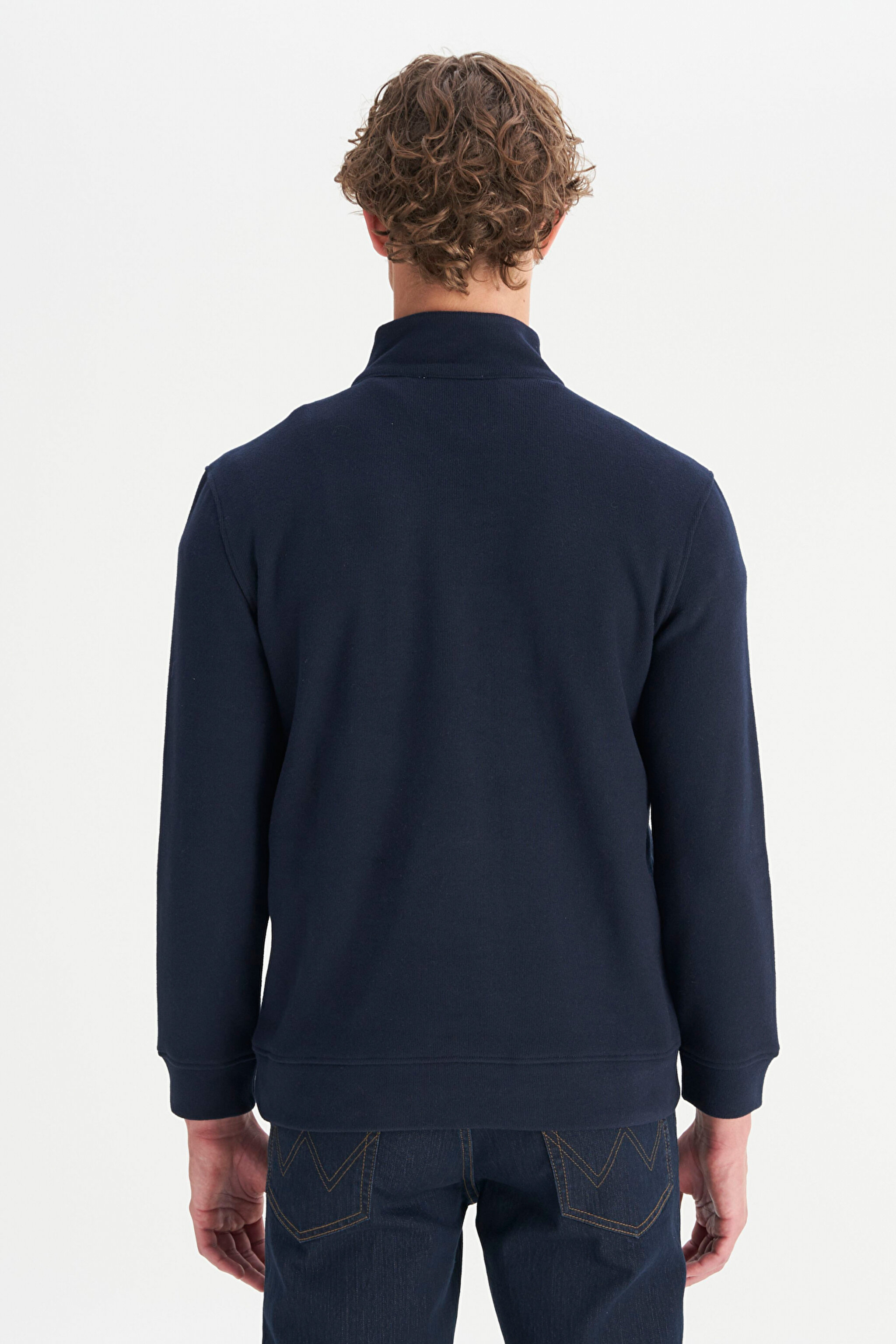 Pamuklu Regular Fit Dik Yaka Fermuarlı Selanik Örgü Sweatshirt - Navy-W2520532410 (görsel 5)