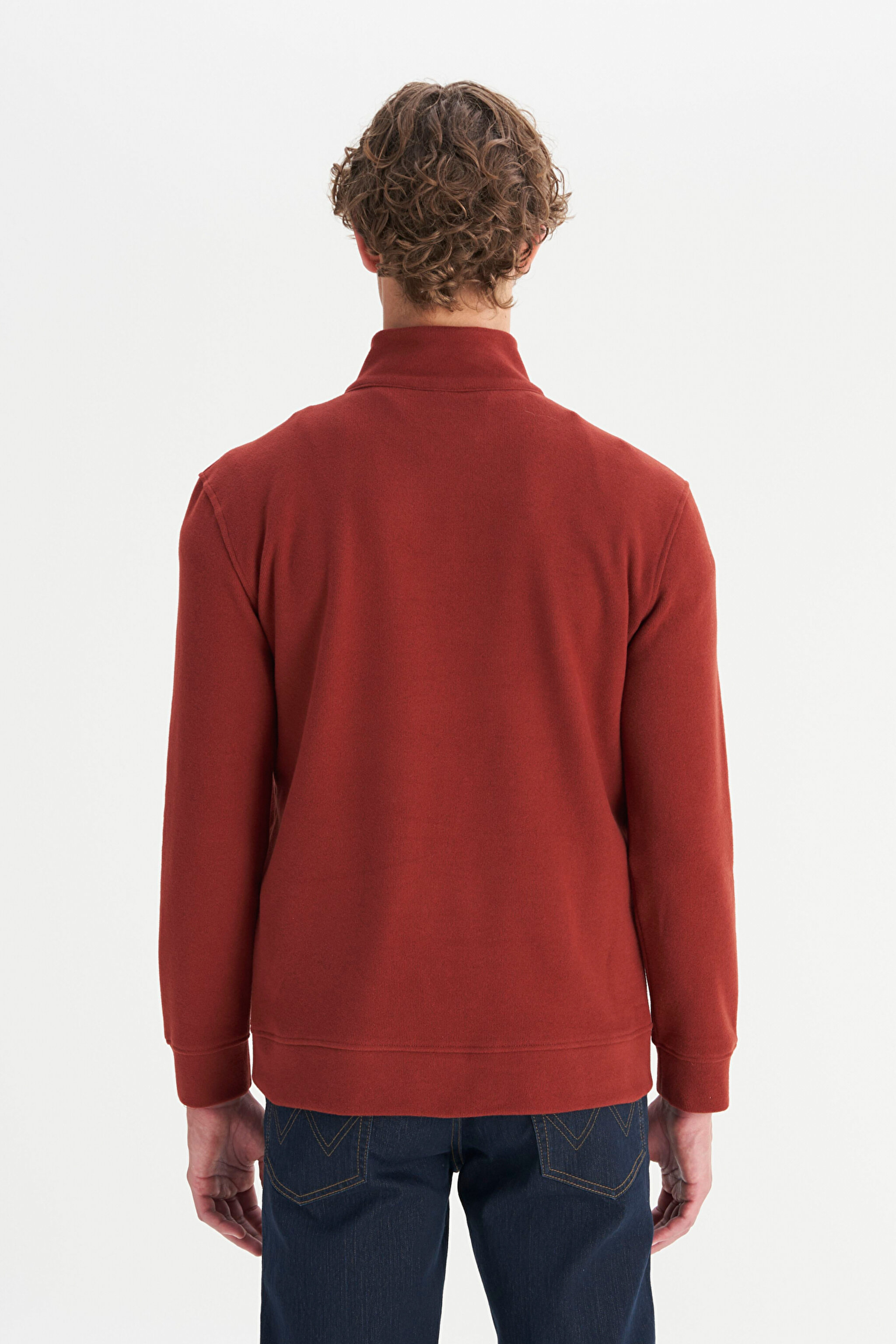 Pamuklu Regular Fit Dik Yaka Fermuarlı Selanik Örgü Sweatshirt - Wine-W2520532810 (görsel 5)