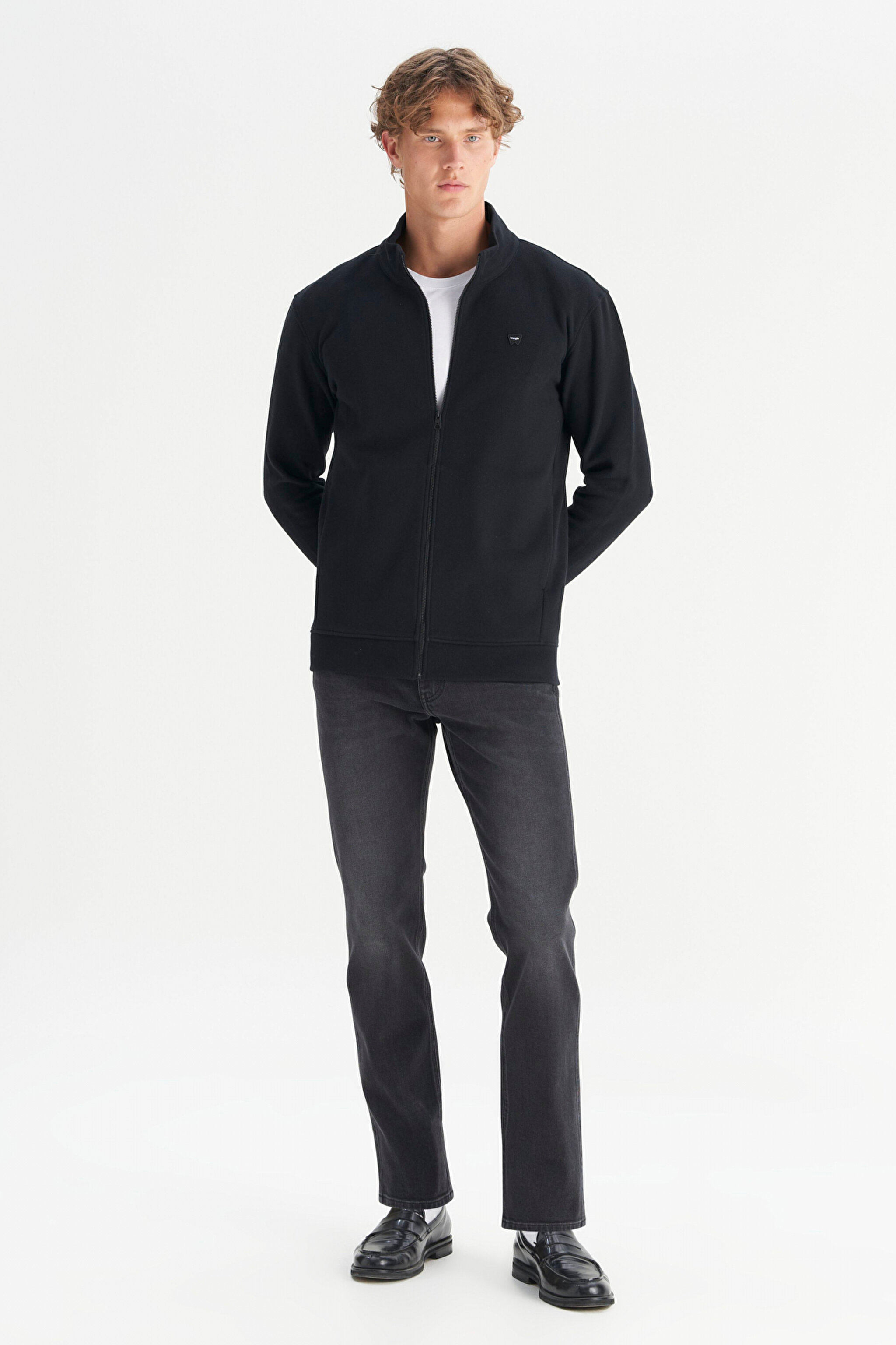 Pamuklu Relaxed Fit Dik Yaka Fermuarlı Selanik Örgü Sweatshirt - Black-W2520533001 (görsel 2)