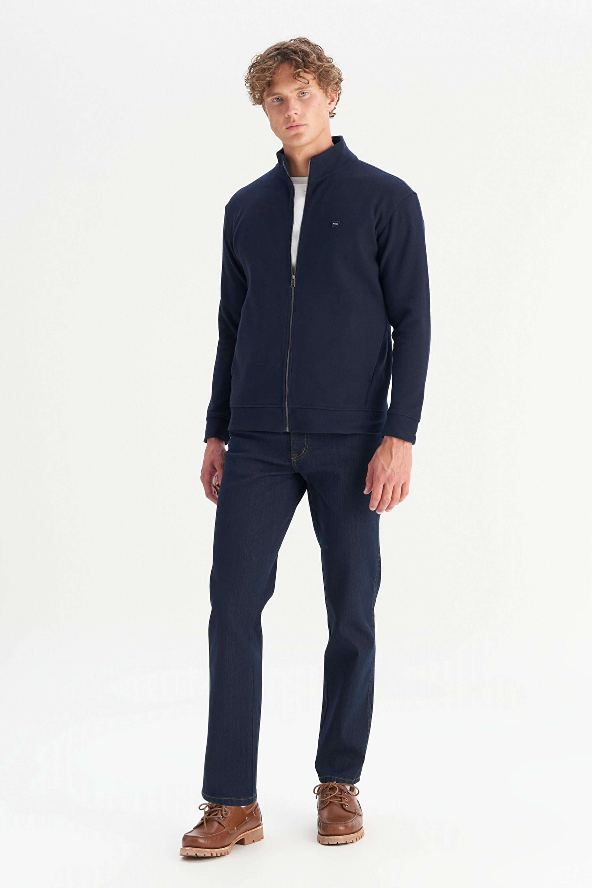 Pamuklu Relaxed Fit Dik Yaka Fermuarlı Selanik Örgü Sweatshirt - Navy-W2520533410 (görsel 2)