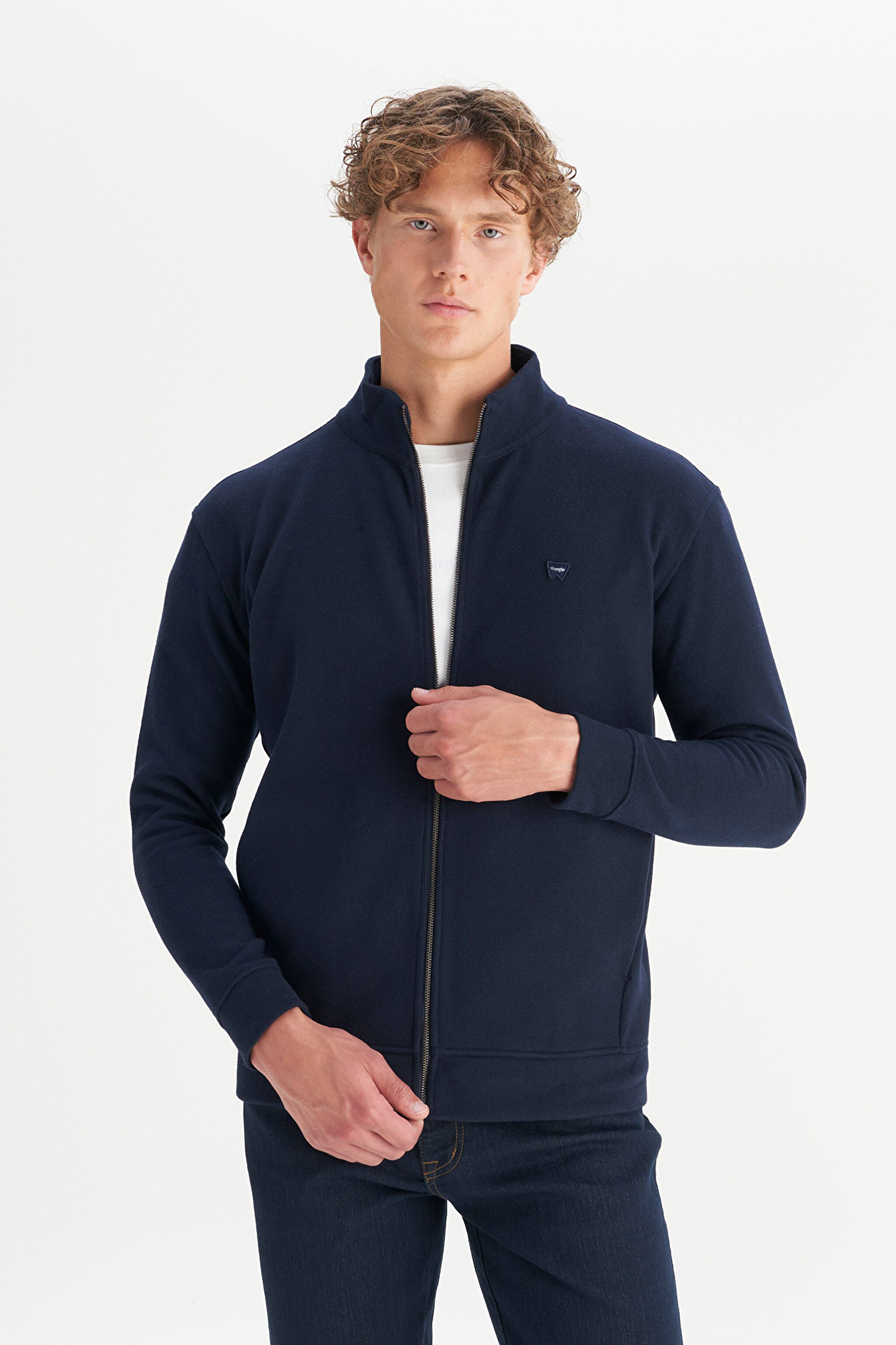 Pamuklu Relaxed Fit Dik Yaka Fermuarlı Selanik Örgü Sweatshirt - Navy-W2520533410 (görsel 3)