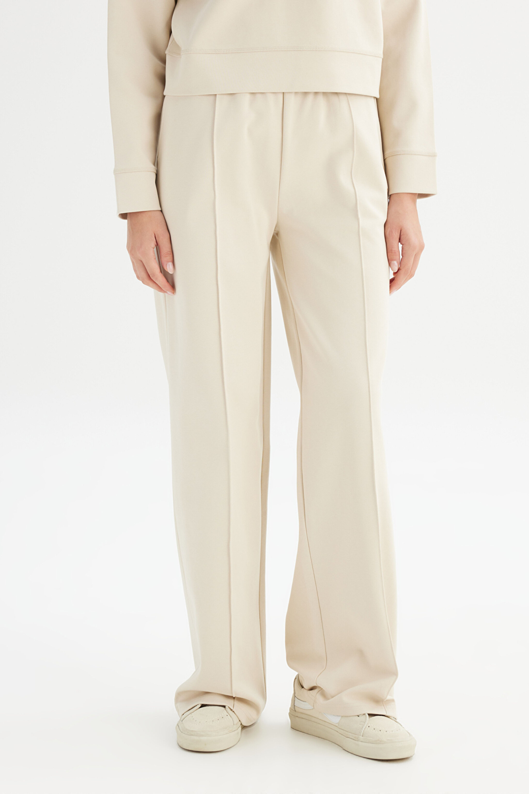 Loose Fit Geniş Paça Bej Pamuklu Esnek Sweatpant - Beige-W2520557614 (görsel 2)