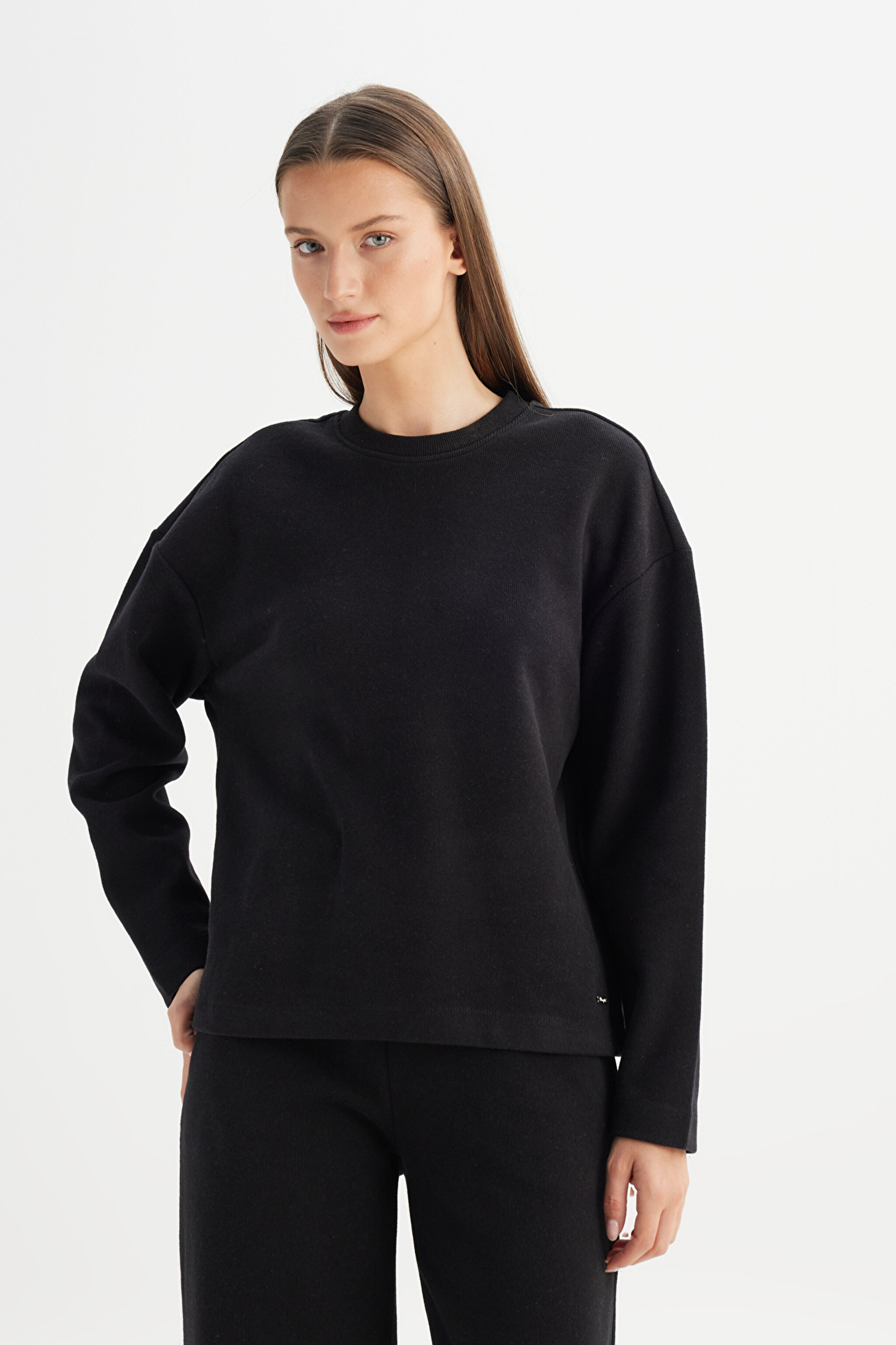 Loose Fit Rahat Kesim Bisiklet Yaka Siyah Triko Kazak - Black-W2520564001 (görsel 3)