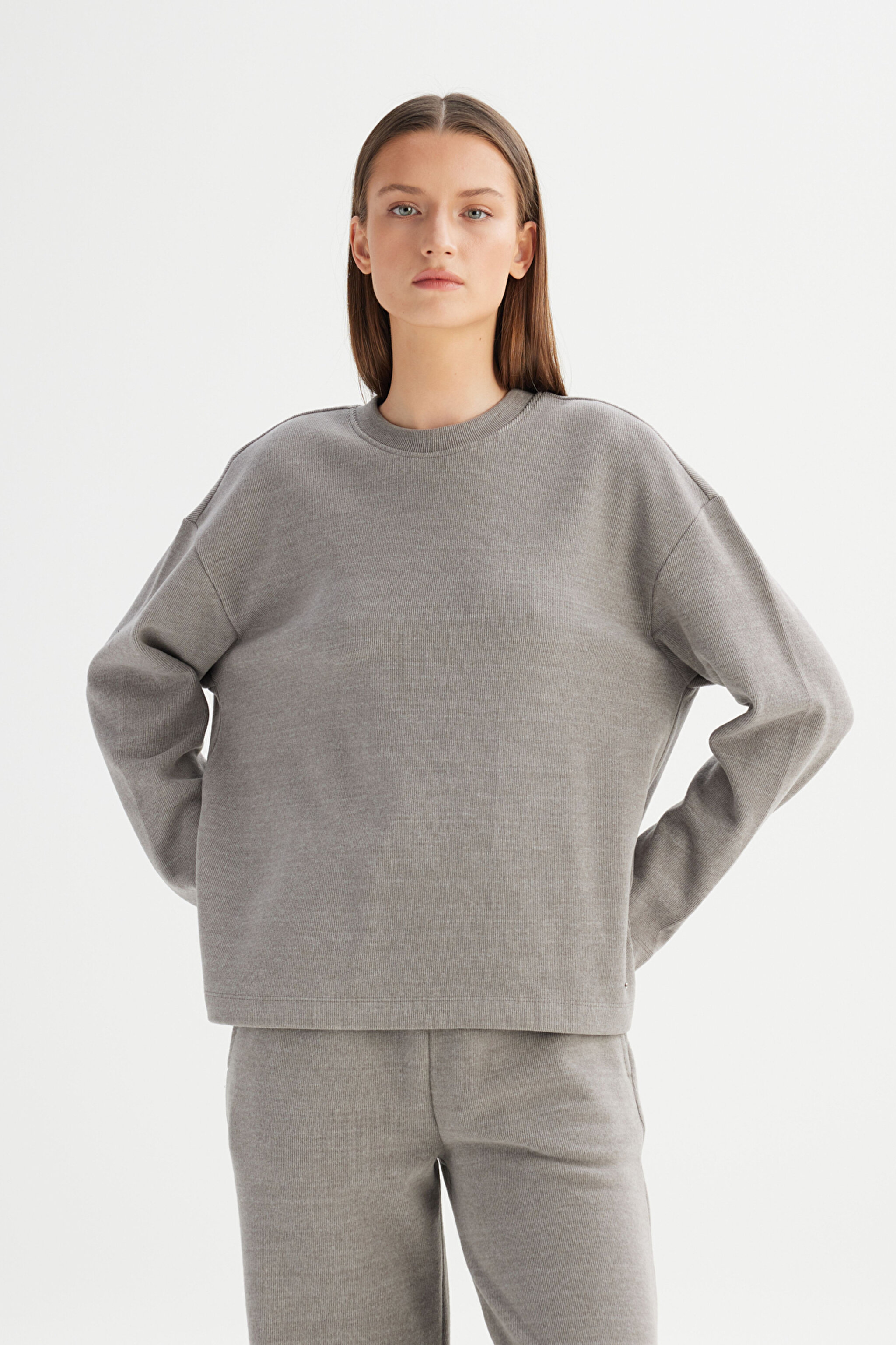 Loose Fit Rahat Kesim Bisiklet Yaka Gri Triko Kazak - Gray-W252056435 (görsel 3)