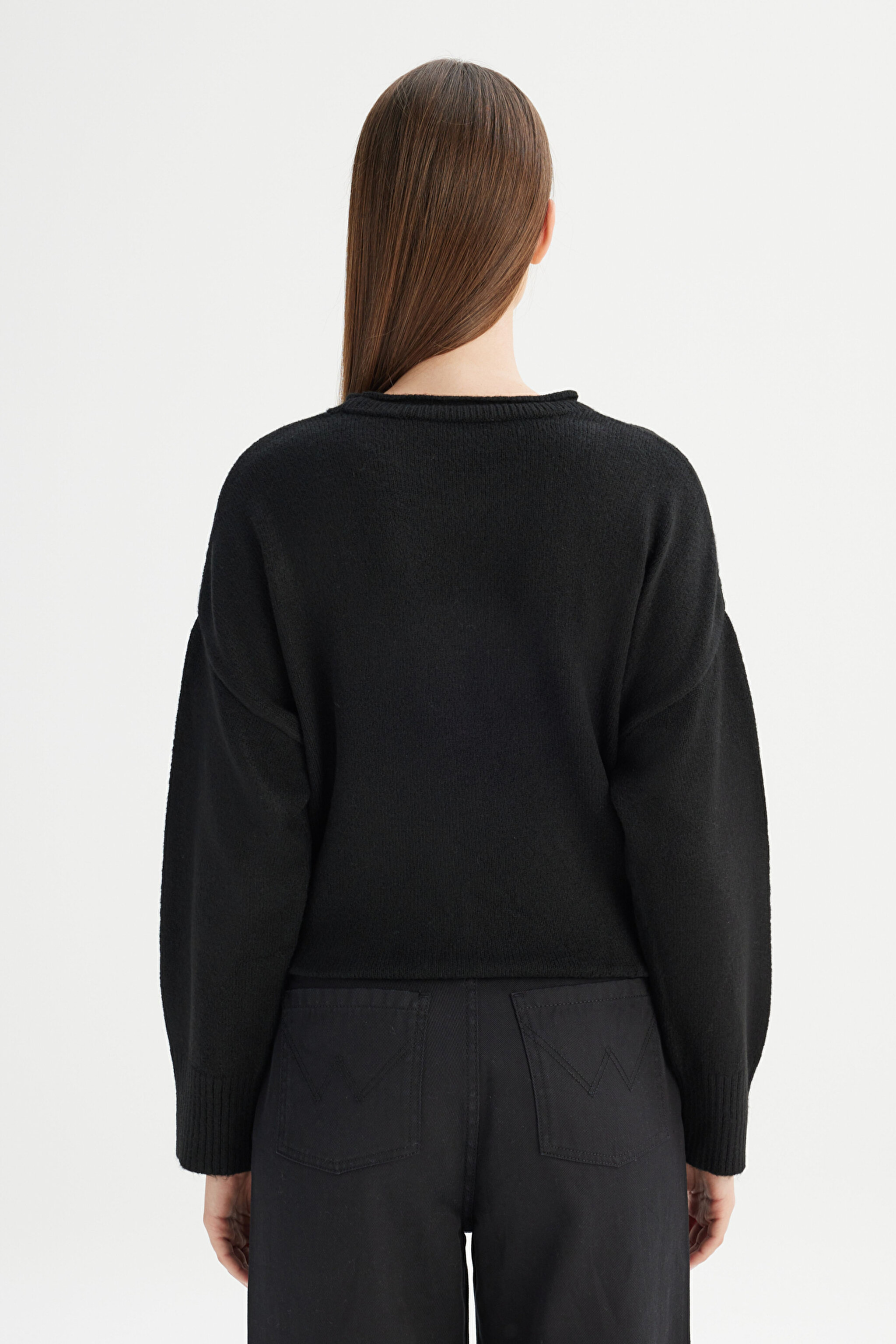 Relaxed Fit Rahat Kesim Bisiklet Yaka Triko Kazak - Black-W2520566001 (görsel 5)