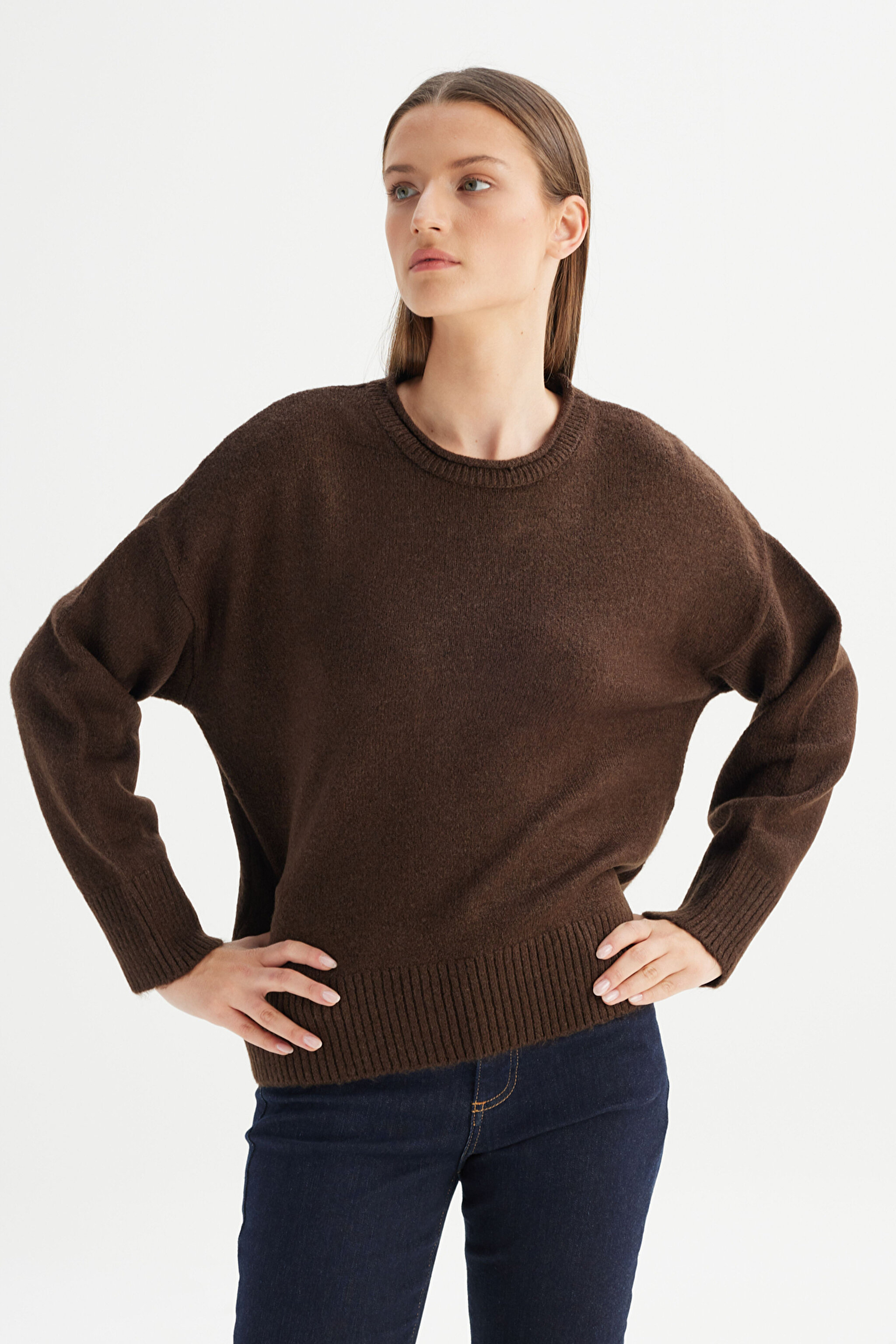 Relaxed Fit Geniş Kesim Bisiklet Yaka Kahverengi Triko Kazak - Brown-W2520566220 (görsel 3)