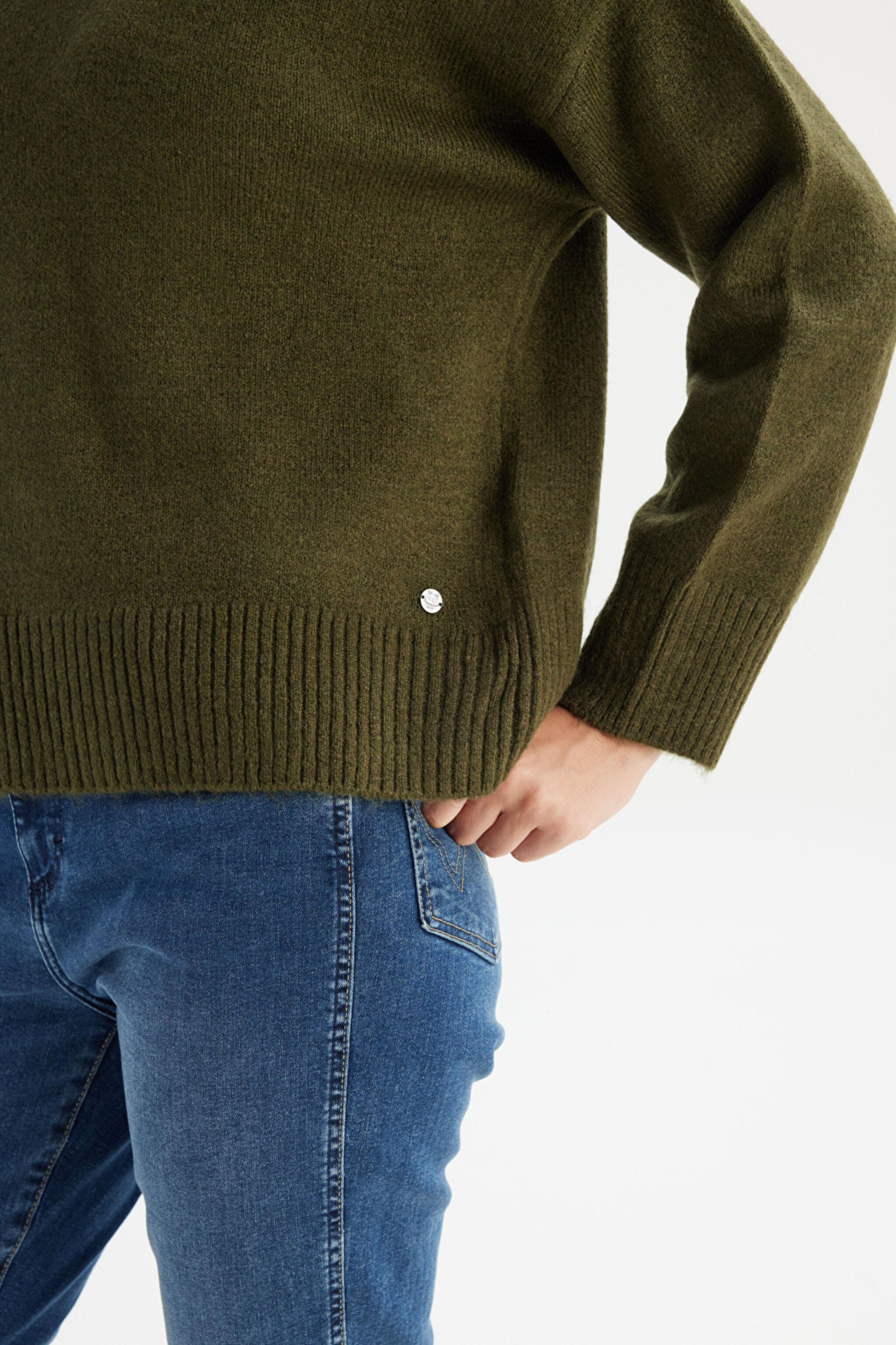 Relaxed Fit Geniş Kesim Bisiklet Yaka Haki Triko Kazak - Green-W2520566300 (görsel 5)