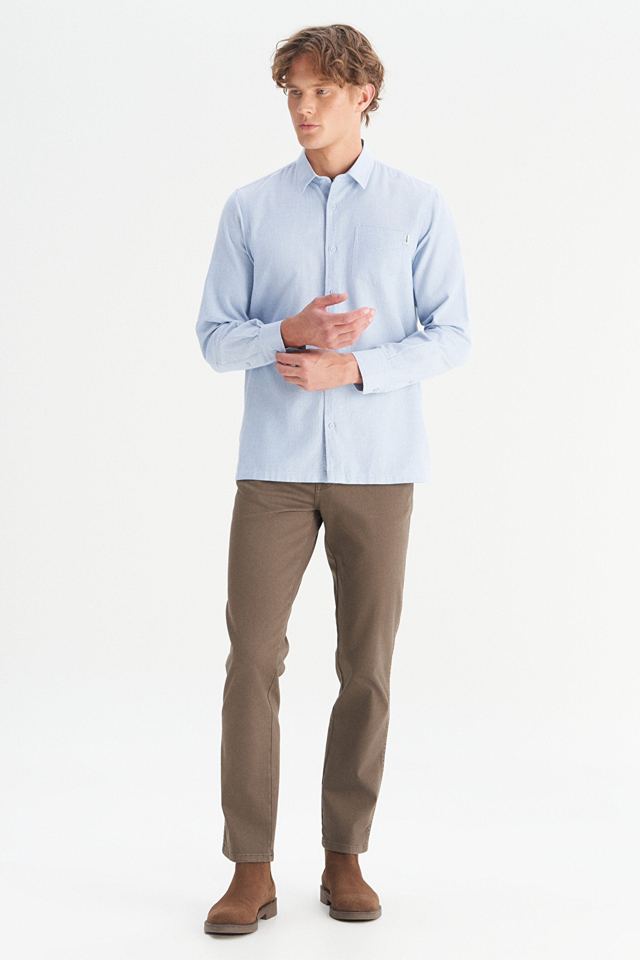 %100 Pamuk Regular Fit Normal Kesim Mavi Gömlek - Blue-W2520583400 (görsel 2)