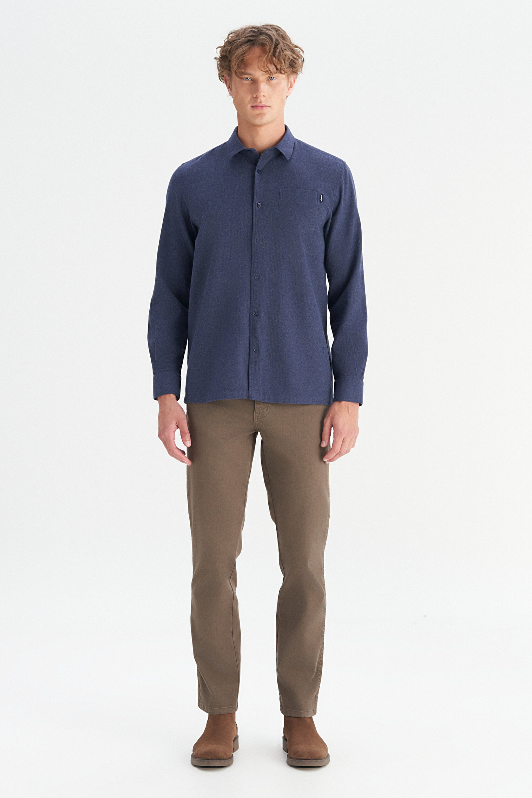 %100 Pamuk Regular Fit Normal Kesim Lacivert Gömlek - Navy-W2520583410 (görsel 2)