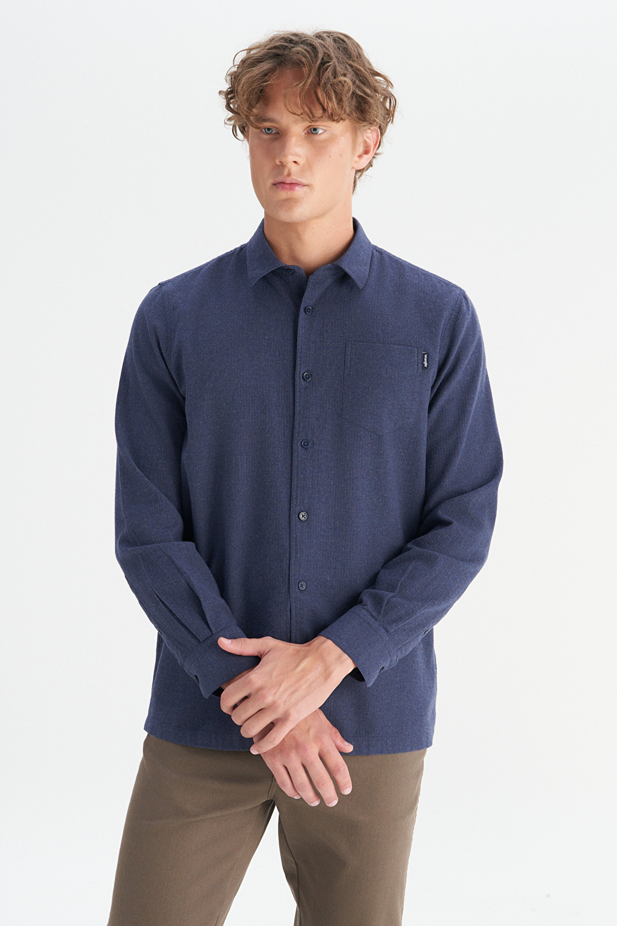 %100 Pamuk Regular Fit Normal Kesim Lacivert Gömlek - Navy-W2520583410 (görsel 3)