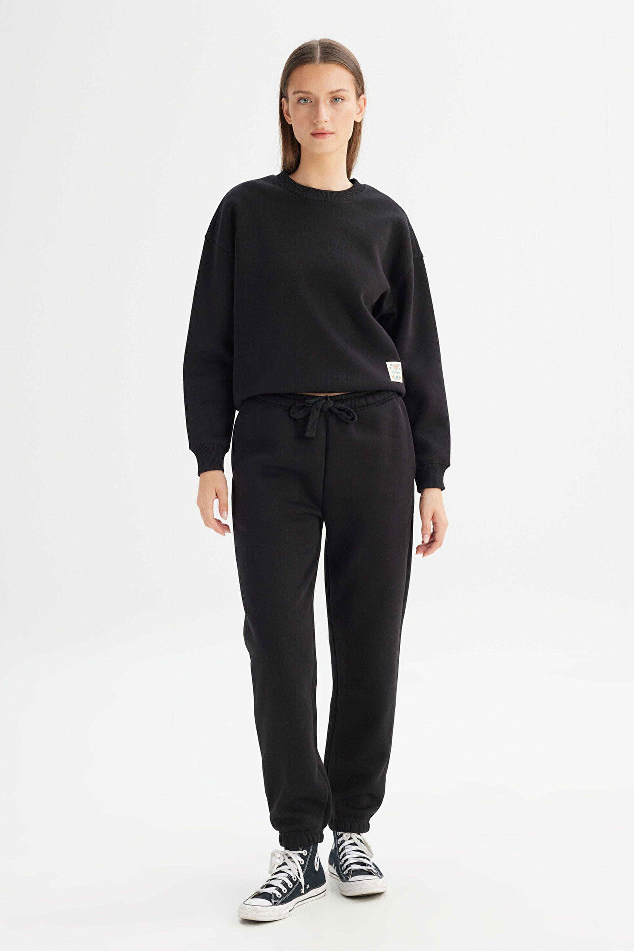 Relaxed Fit Geniş Kesim Bisiklet Yaka İçi Polarlı Siyah Sweatshirt - Black-W2520586001 (görsel 2)