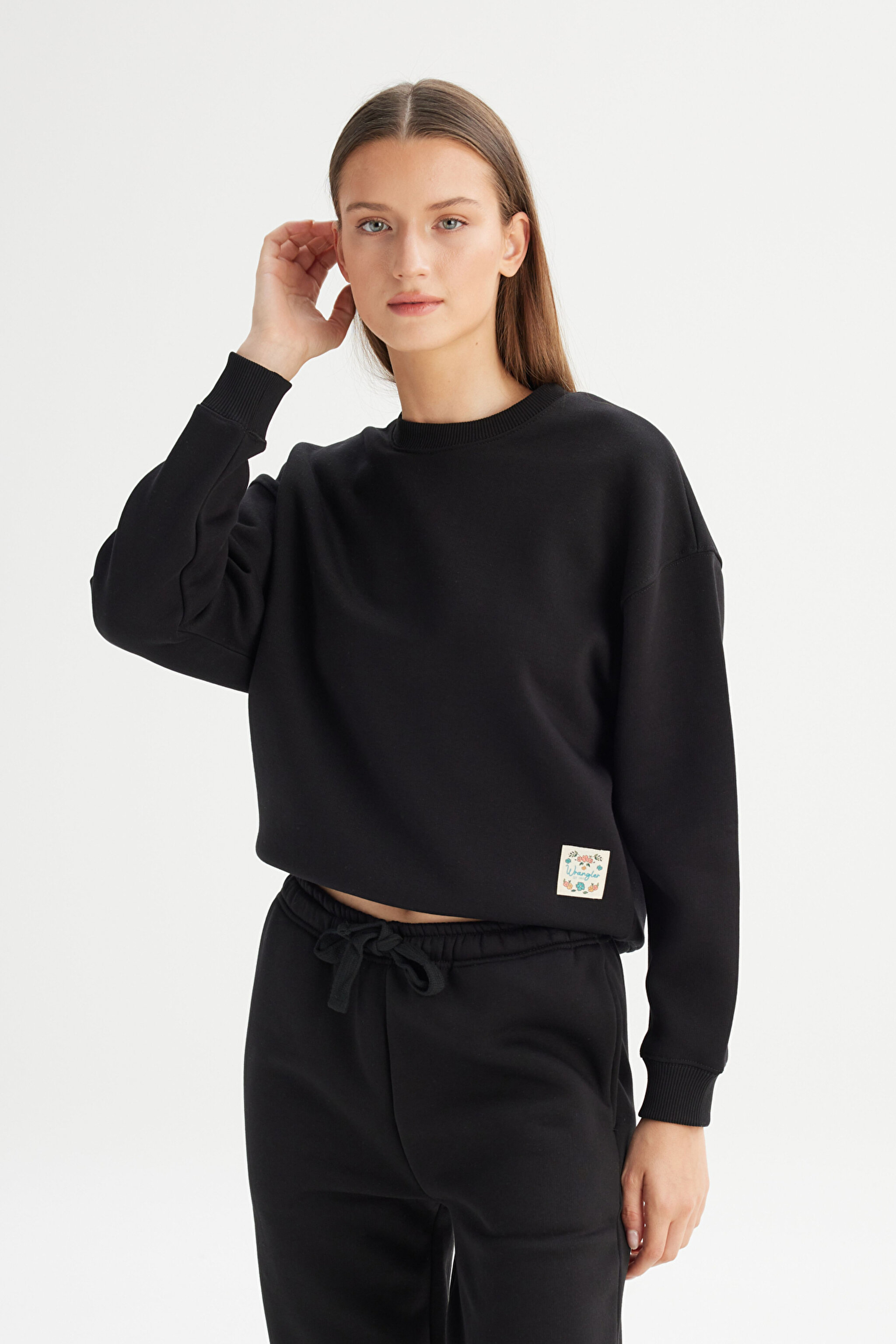 Relaxed Fit Geniş Kesim Bisiklet Yaka İçi Polarlı Siyah Sweatshirt - Black-W2520586001 (görsel 3)