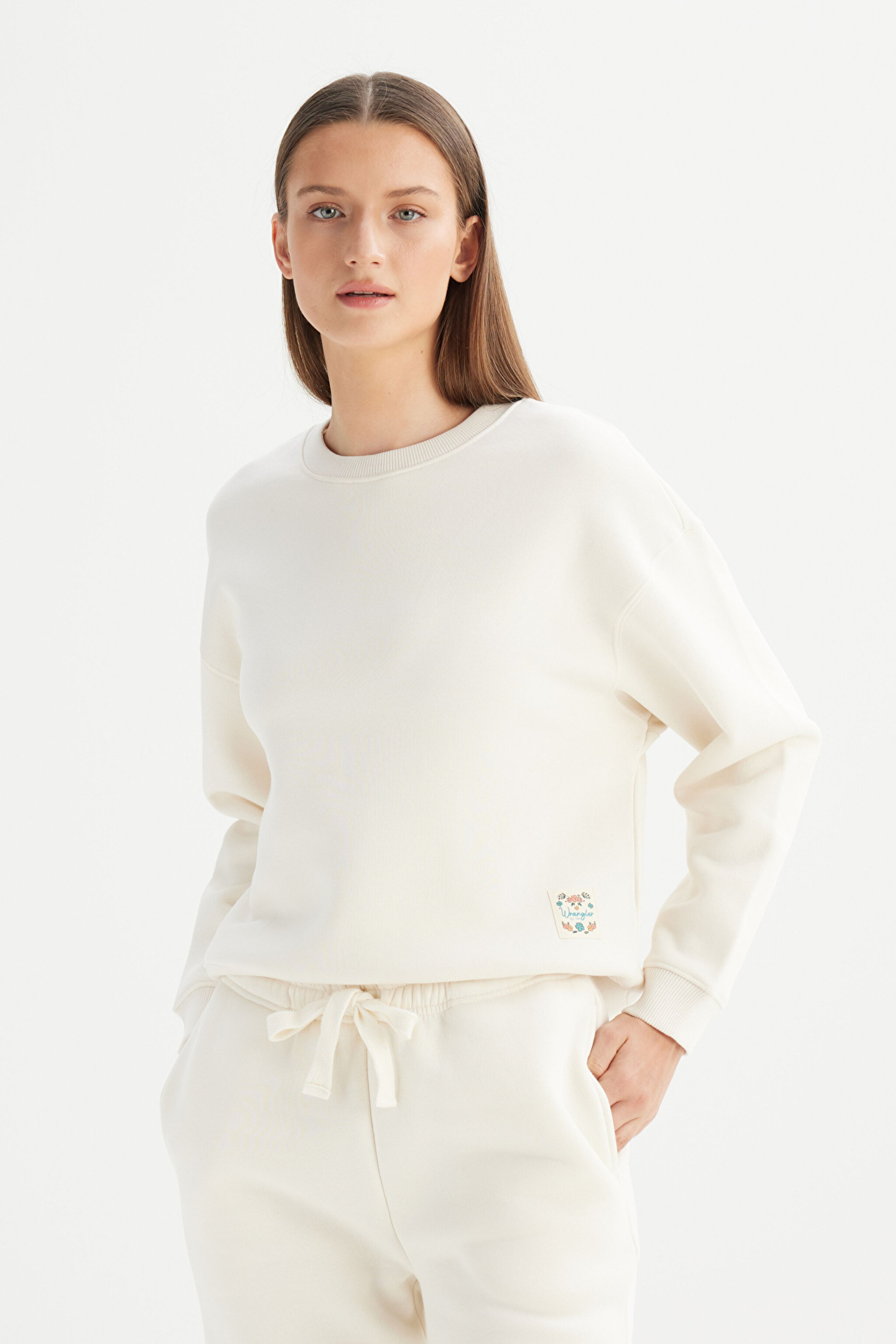Relaxed Fit Geniş Kesim Bisiklet Yaka İçi Polarlı Ekru Sweatshirt - Ecru-W2520586104 (görsel 3)