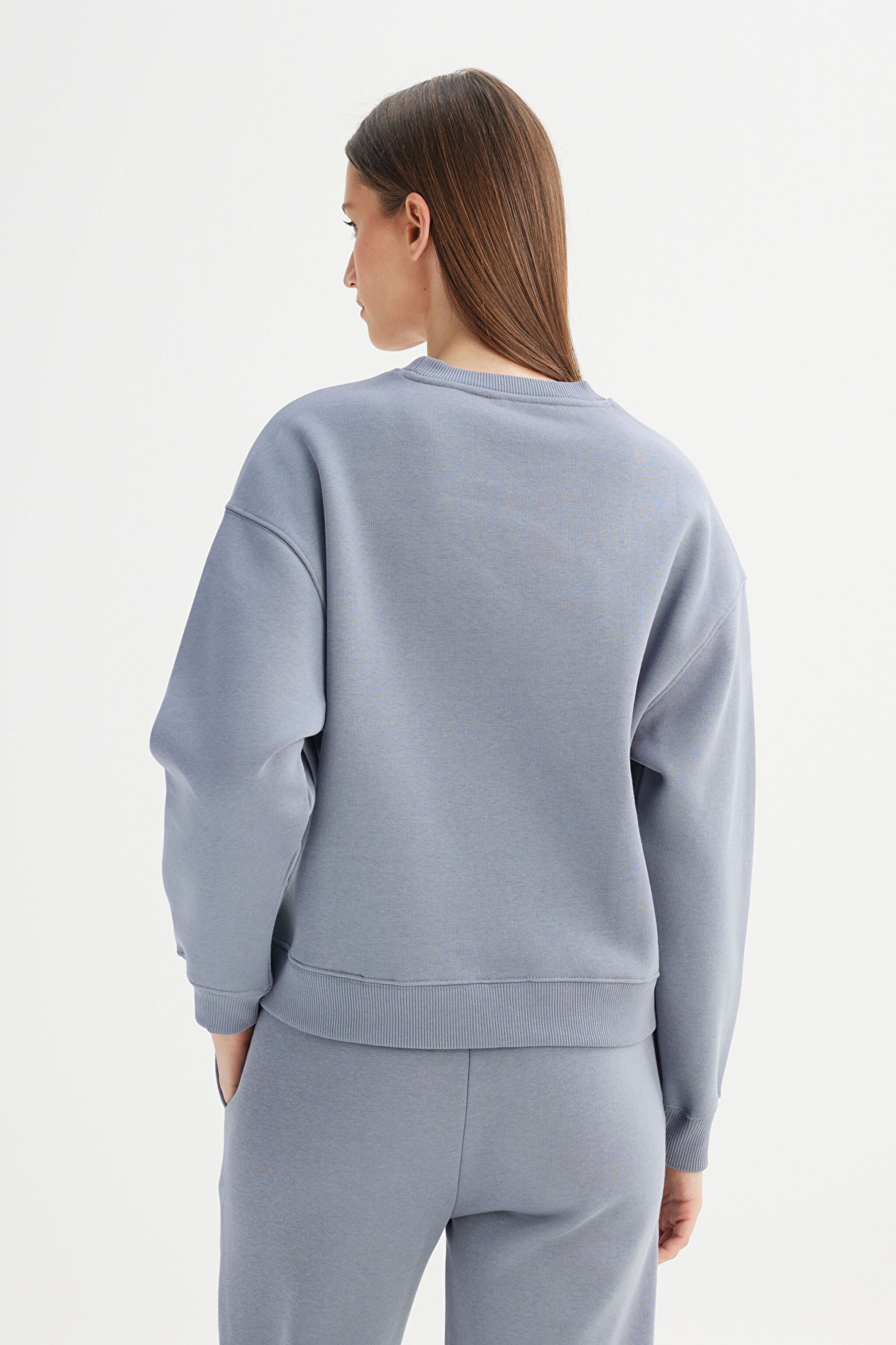 Relaxed Fit Geniş Kesim Bisiklet Yaka İçi Polarlı Mavi Sweatshirt - Blue-W2520586400 (görsel 6)