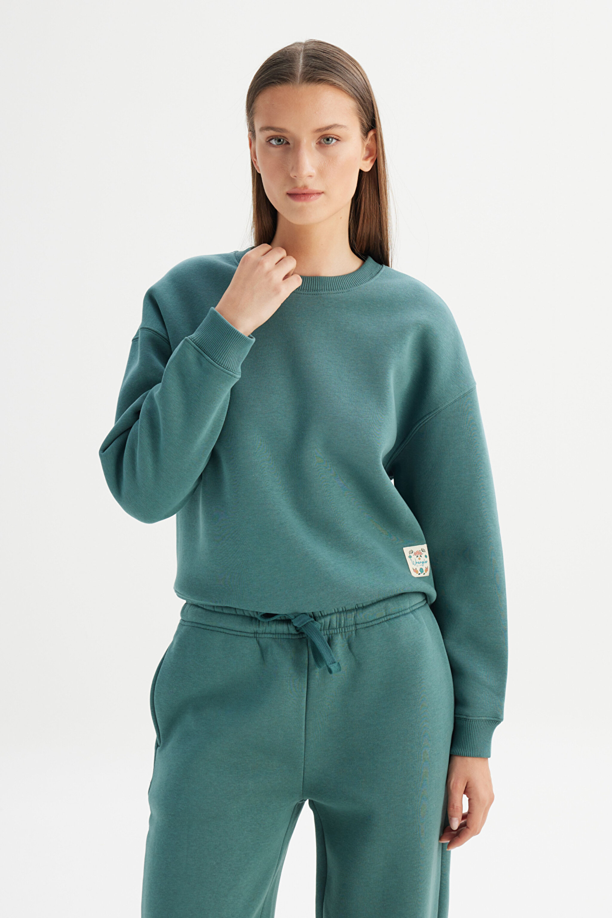 Relaxed Fit Geniş Kesim Bisiklet Yaka İçi Polarlı Yeşil Sweatshirt