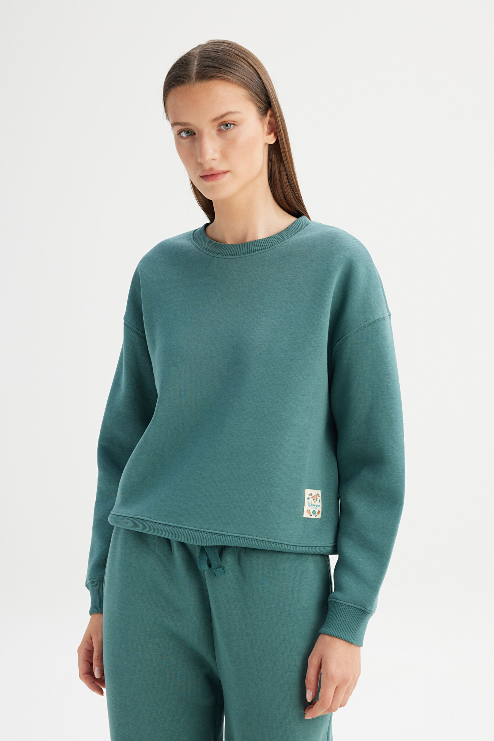 Relaxed Fit Geniş Kesim Bisiklet Yaka İçi Polarlı Yeşil Sweatshirt - EverGreen-W2520586OT (görsel 3)