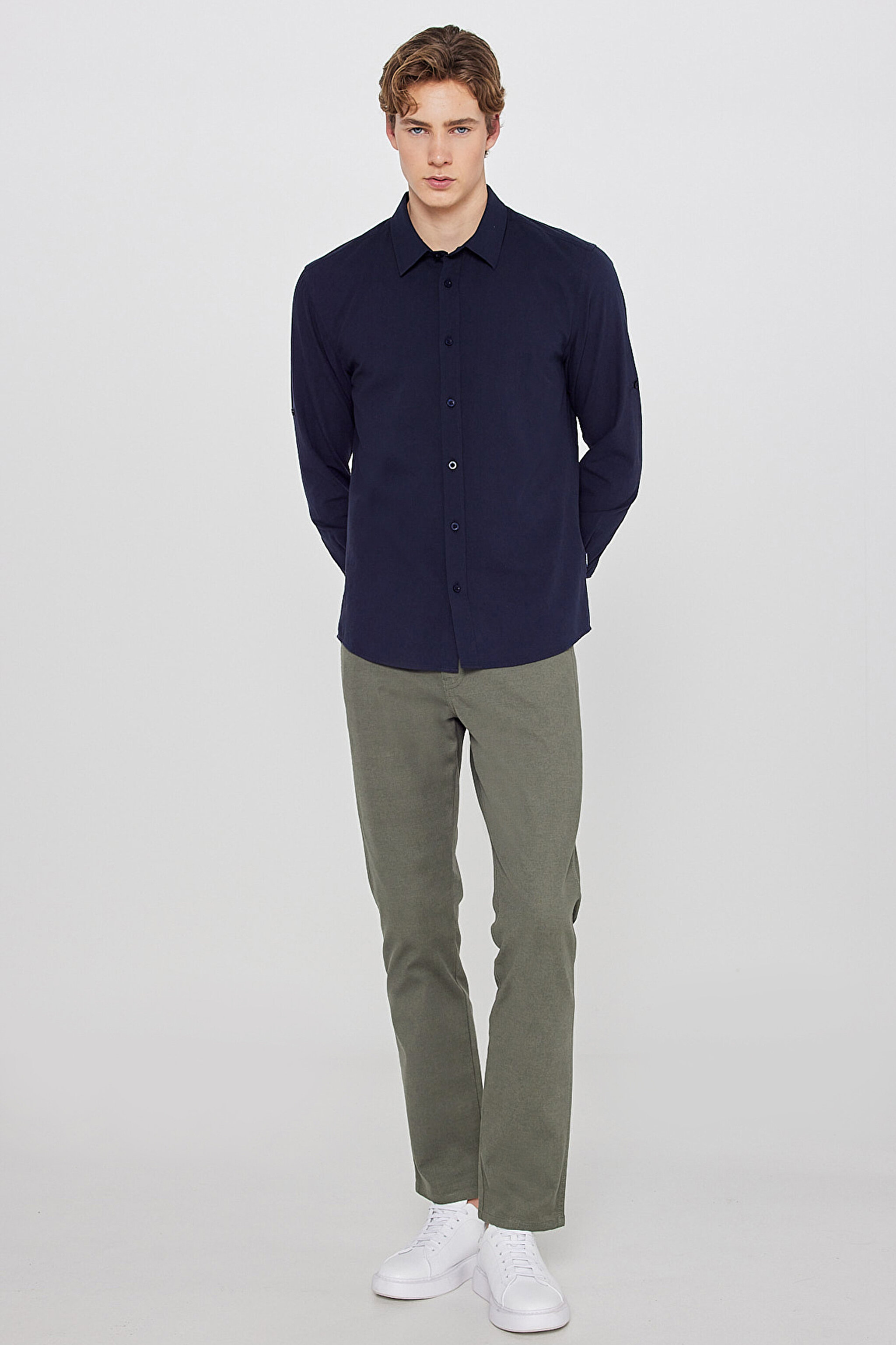 %100 Pamuk Regular Fit Normal Kesim Cepli Gömlek - Navy-W2610001410 (görsel 3)