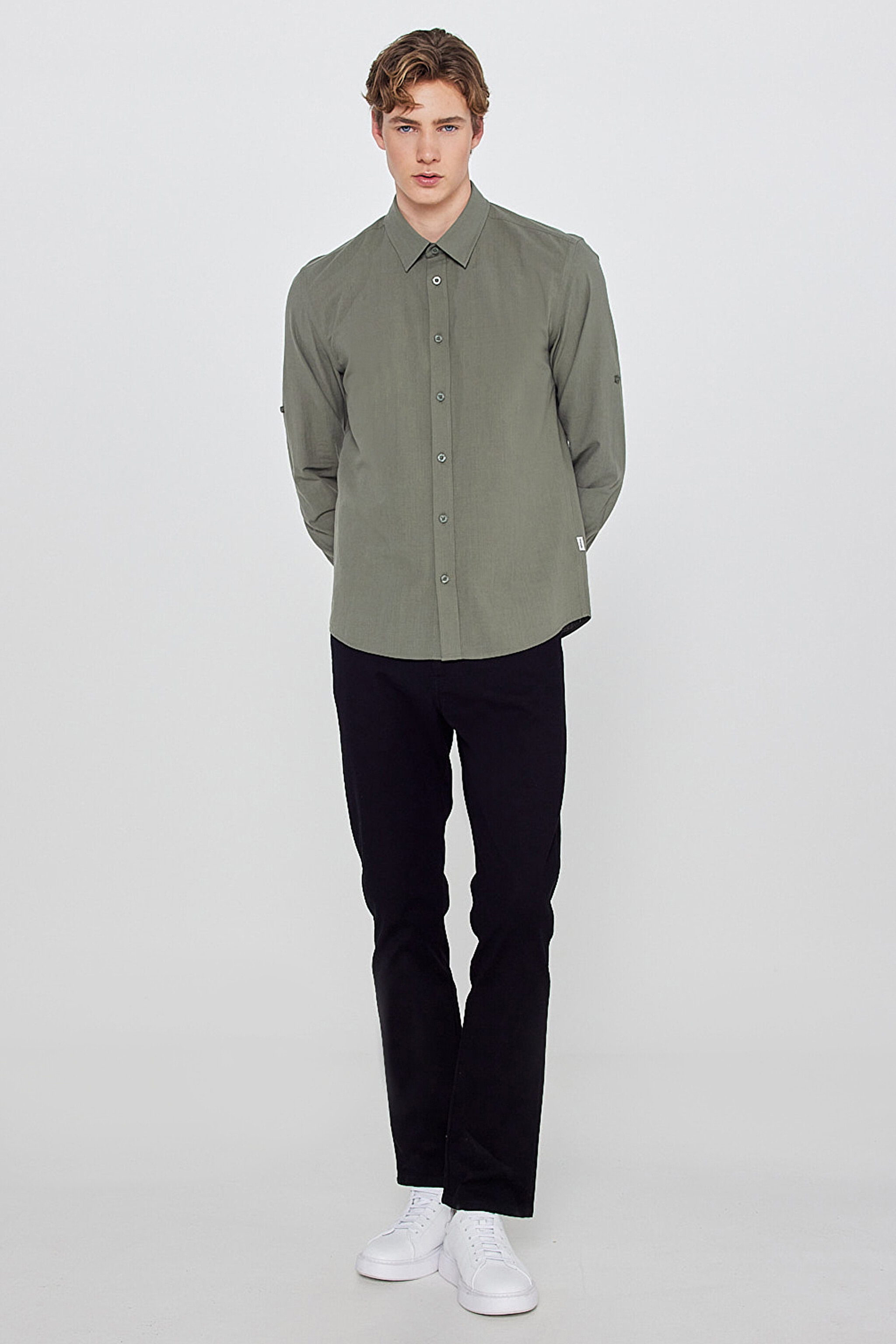%100 Pamuk Regular Fit Normal Kesim Cepli Gömlek - Khaki-W2610001801 (görsel 3)