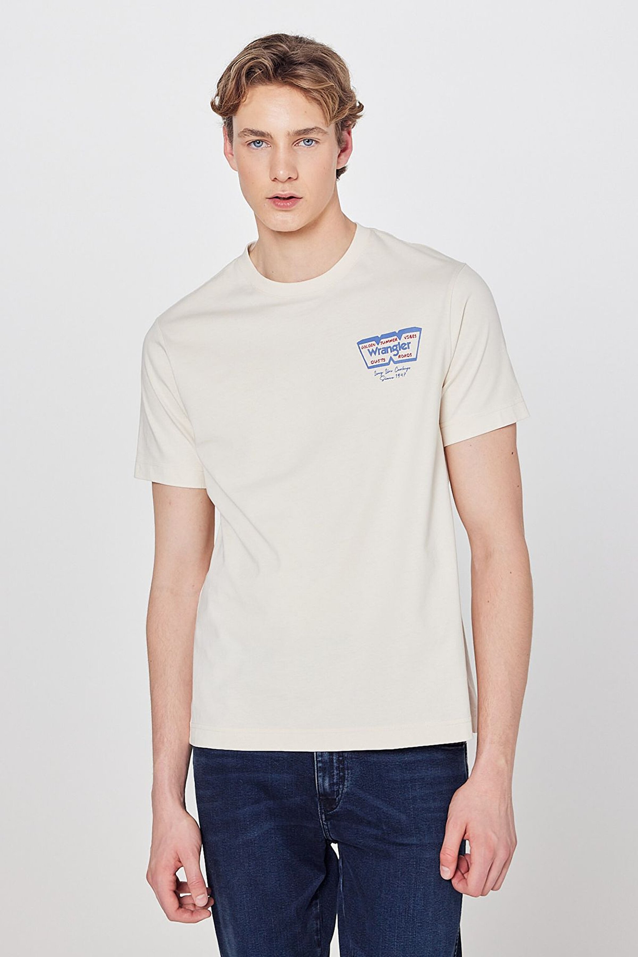 %100 Pamuk Regular Fit Normal Kesim Logo Detaylı Tişört - Beige-W2610018614