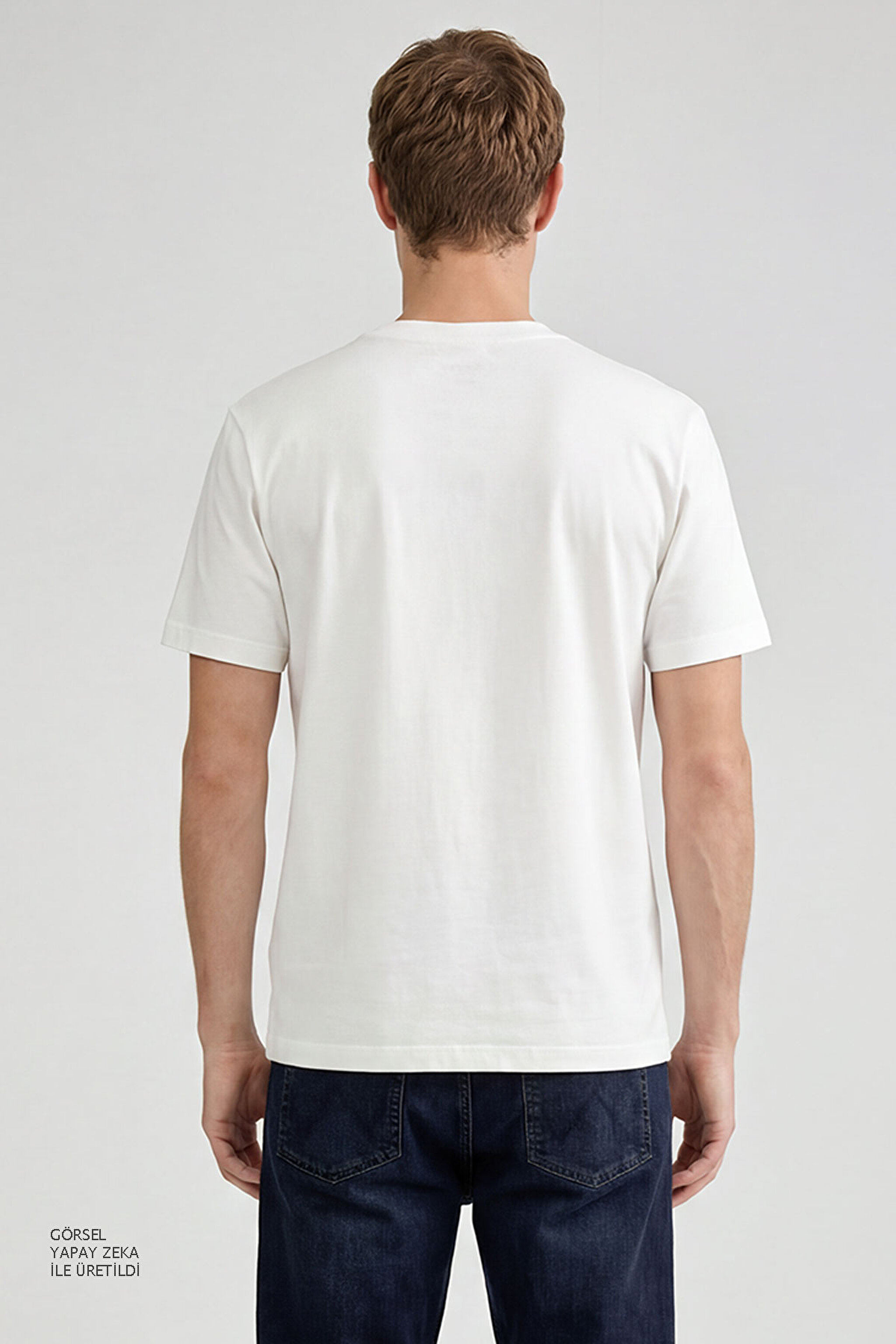 %100 Pamuk Relaxed Fit Rahat Kesim Bisiklet Yaka Logo Detaylı Tişört - Off White-W2610068102 (görsel 4)