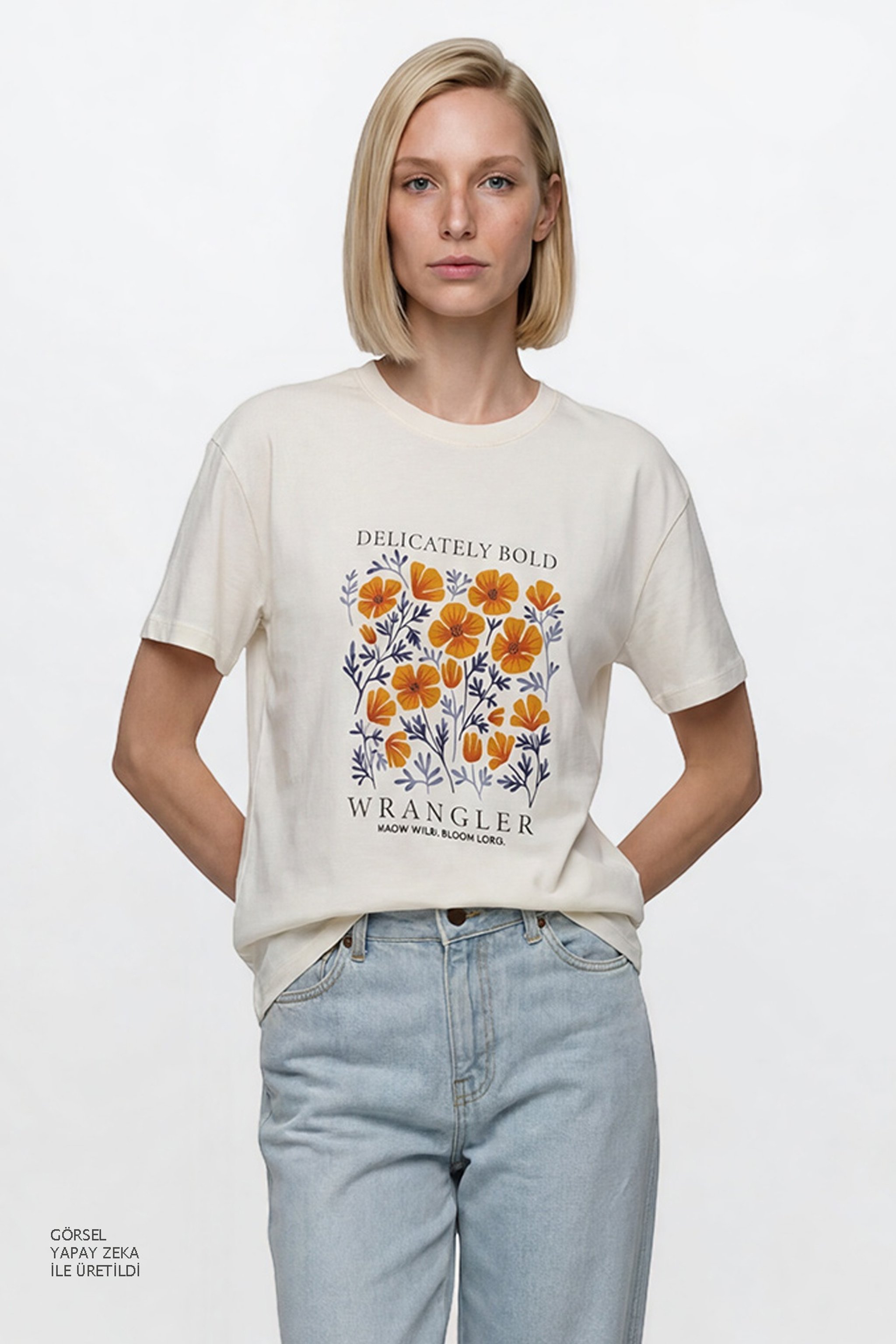 %100 Pamuk Relaxed Fit Rahat Kesim Bisiklet Yaka Logo Detaylı Tişört - Off White-W2610091102