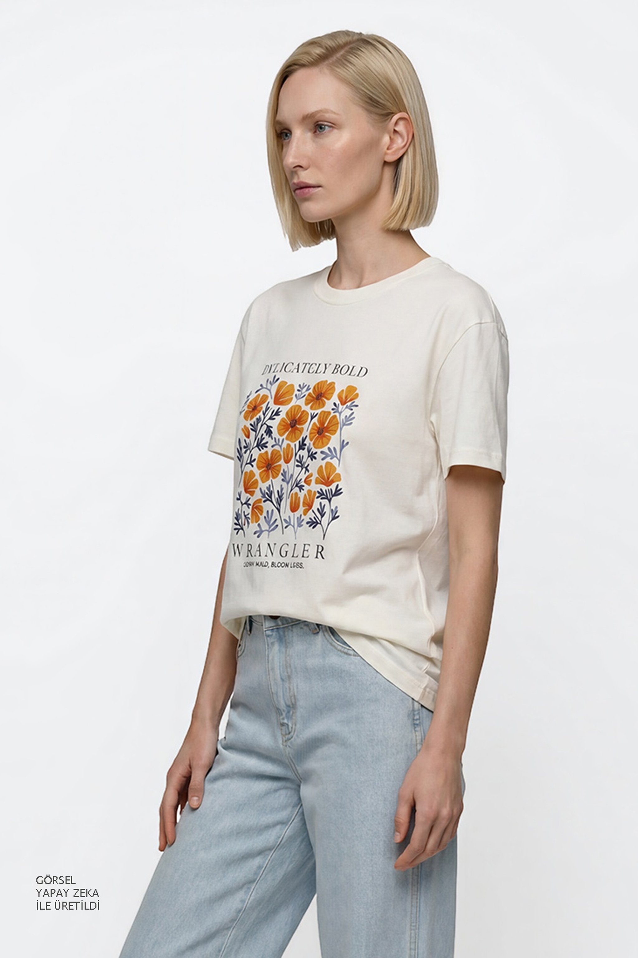 %100 Pamuk Relaxed Fit Rahat Kesim Bisiklet Yaka Logo Detaylı Tişört - Off White-W2610091102 (görsel 2)