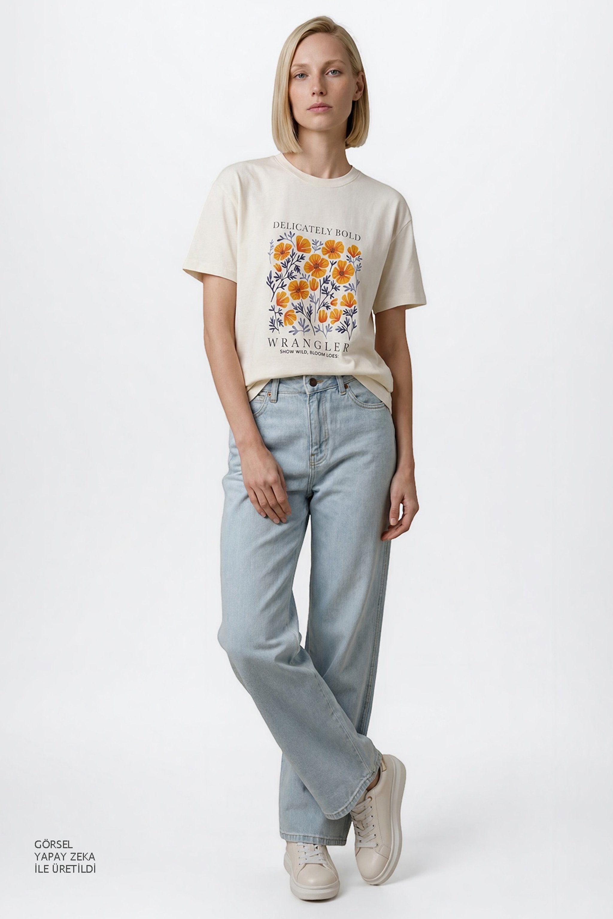 %100 Pamuk Relaxed Fit Rahat Kesim Bisiklet Yaka Logo Detaylı Tişört - Off White-W2610091102 (görsel 3)