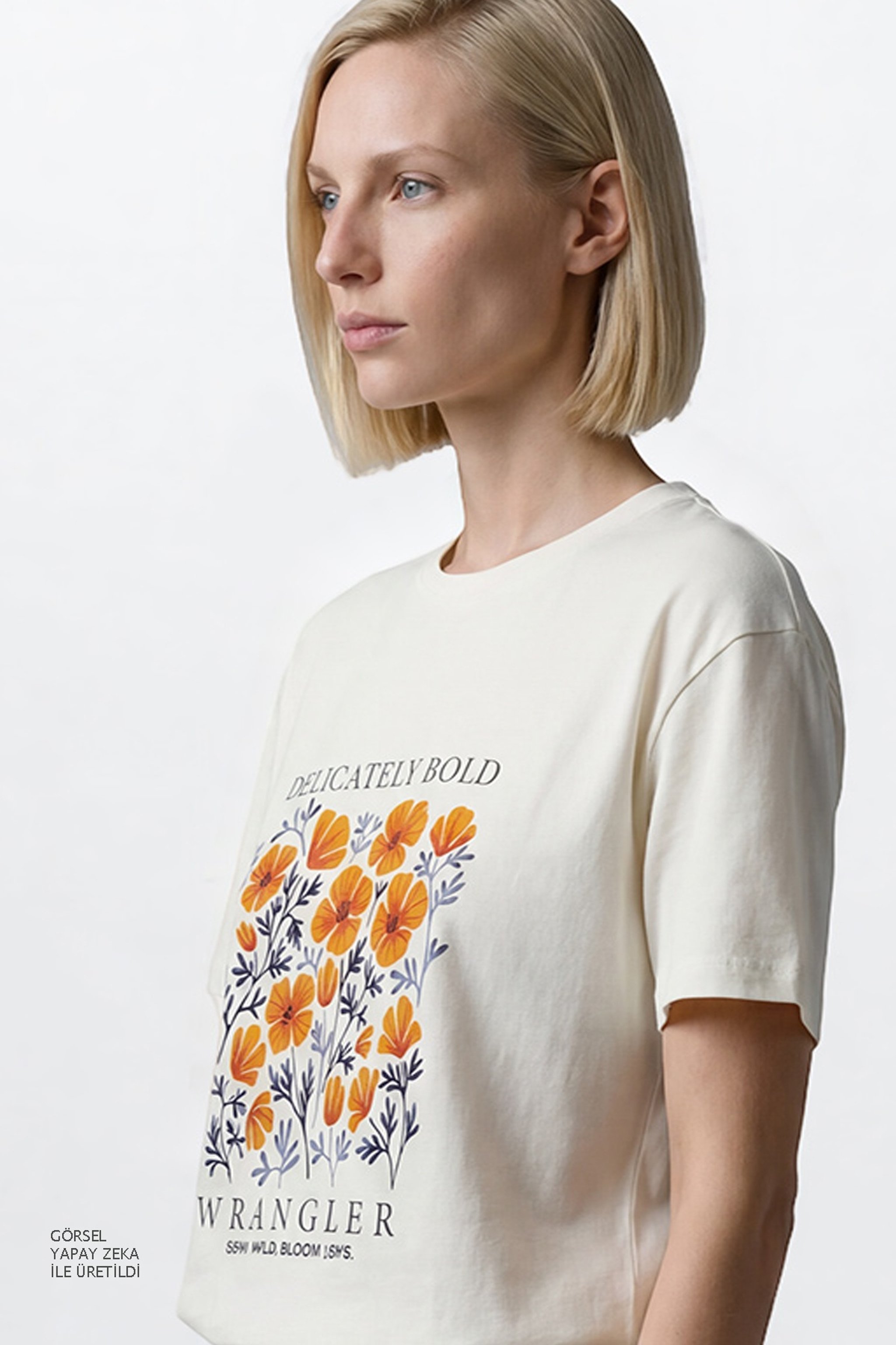 %100 Pamuk Relaxed Fit Rahat Kesim Bisiklet Yaka Logo Detaylı Tişört - Off White-W2610091102 (görsel 4)
