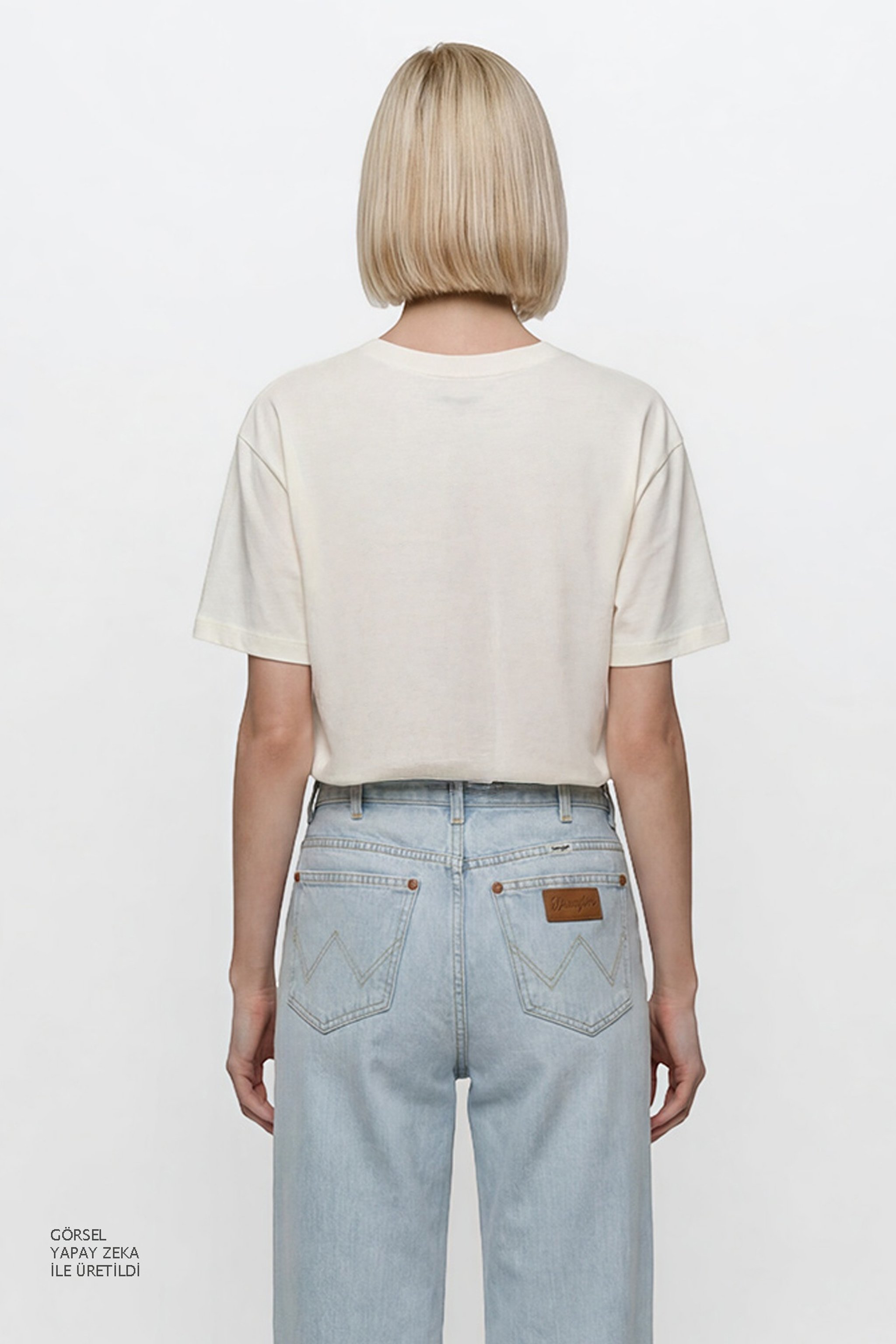 %100 Pamuk Relaxed Fit Rahat Kesim Bisiklet Yaka Logo Detaylı Tişört - Off White-W2610091102 (görsel 5)