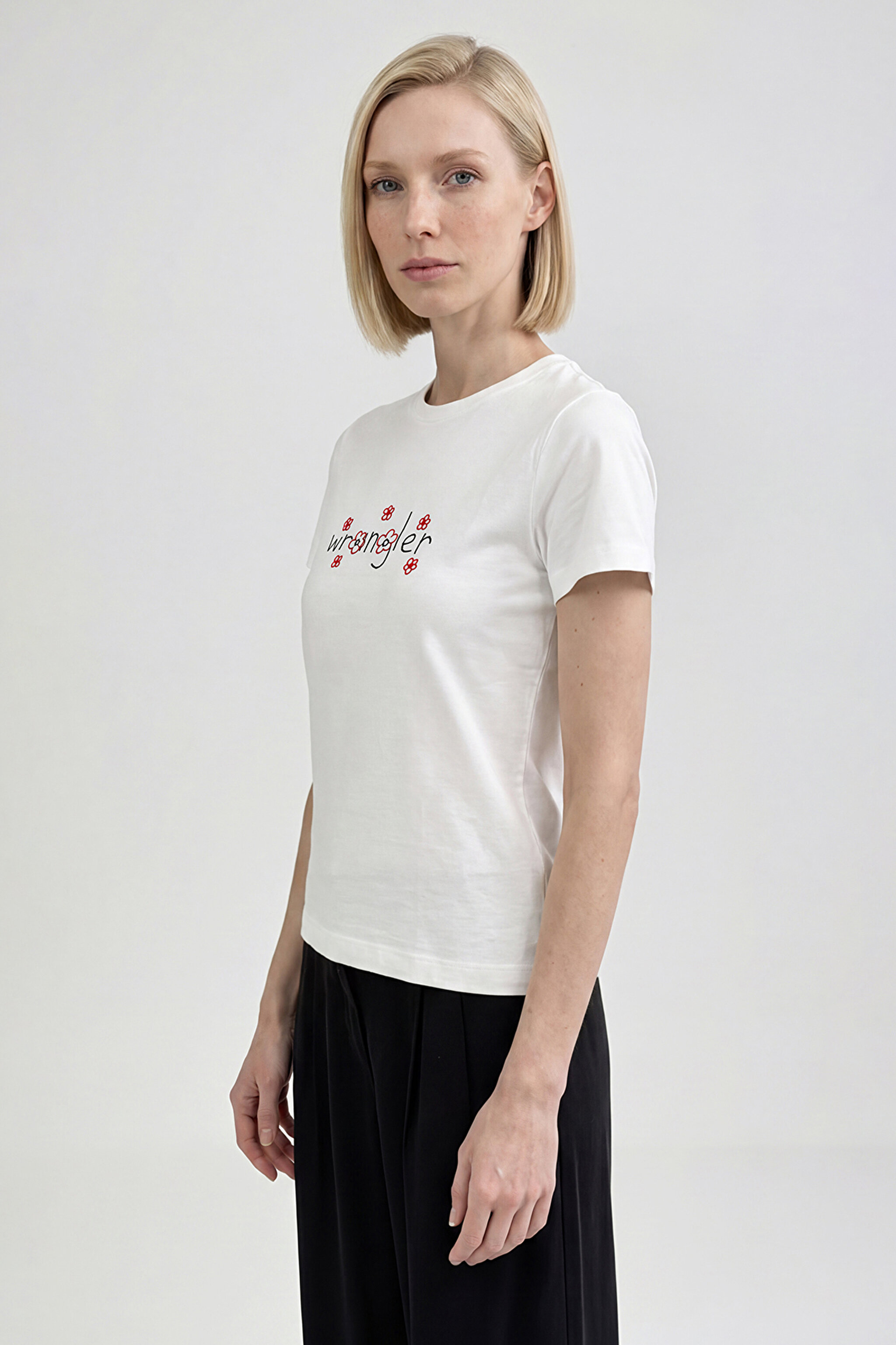 %100 Pamuk Regular Fit Normal Kesim Bisiklet Yaka Logo Detaylı Tişört - Off White-W2610103102 (görsel 3)