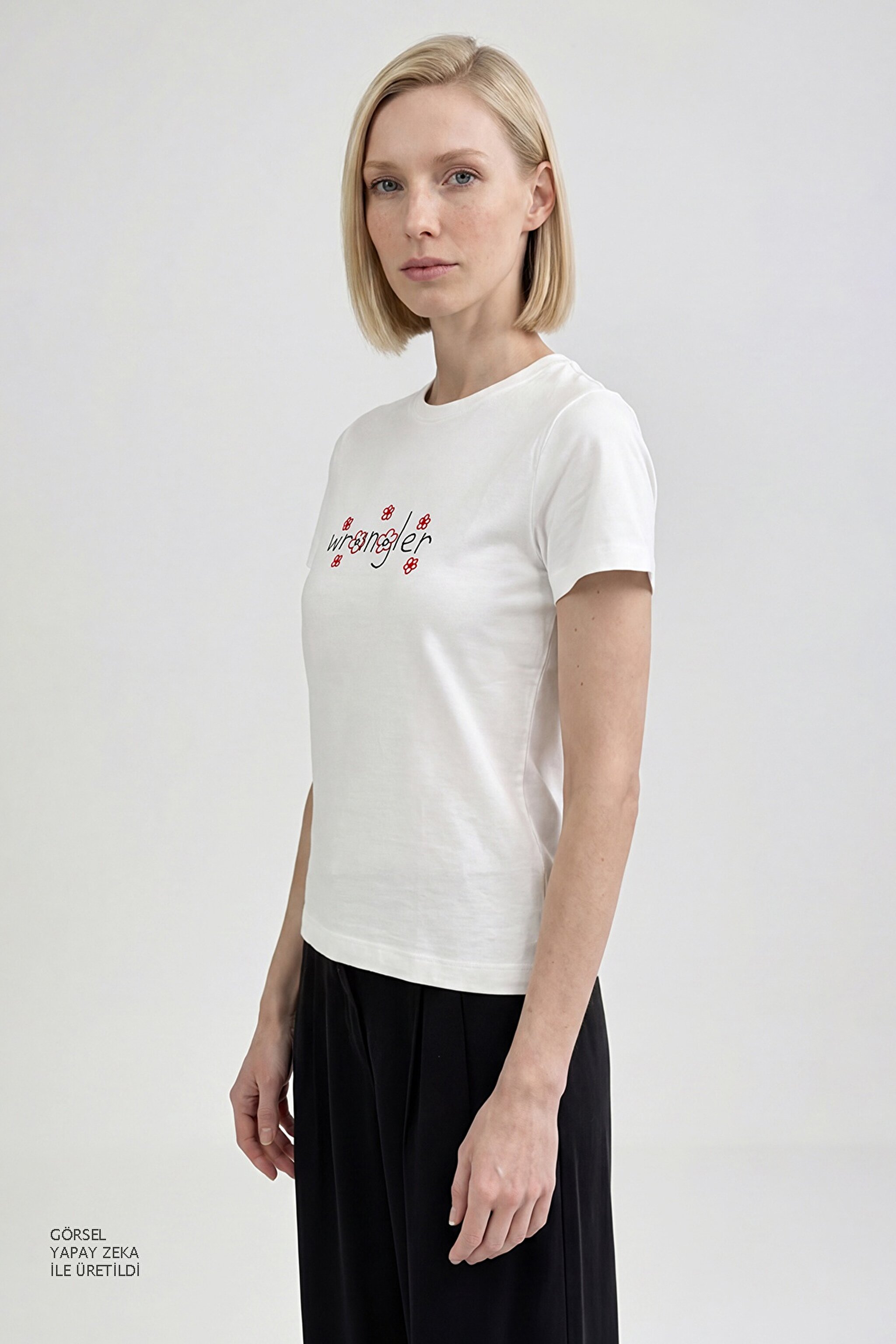 %100 Pamuk Regular Fit Normal Kesim Bisiklet Yaka Logo Detaylı Tişört - Off White-W2610103102 (görsel 2)