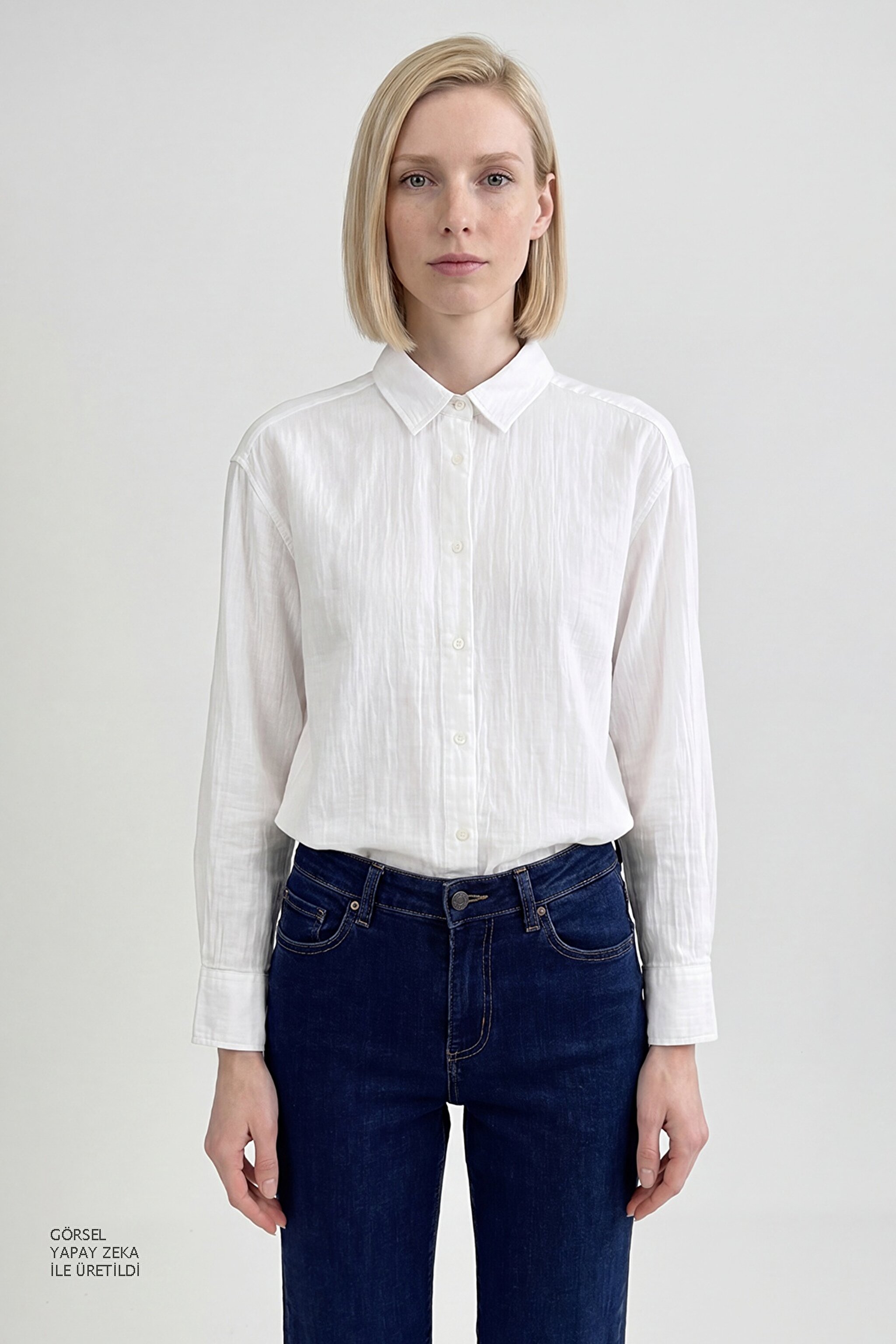 %100 Pamuk Relaxed Fit Rahat Kesim Müslin Gömlek - Off White-W2610109102 (görsel 4)