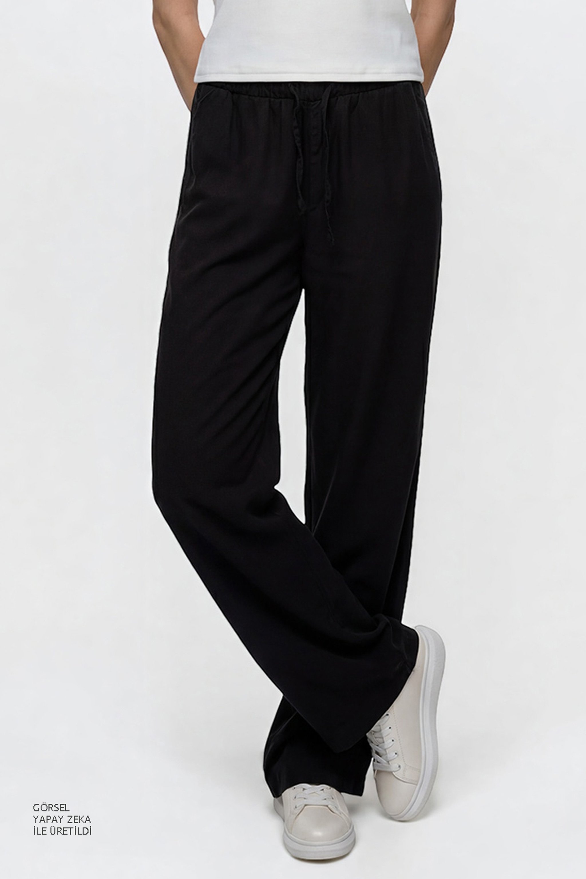 Yumuşak Dokulu Wide Leg Cepli Esnek Pantolon - Black-W2610120001 (görsel 4)