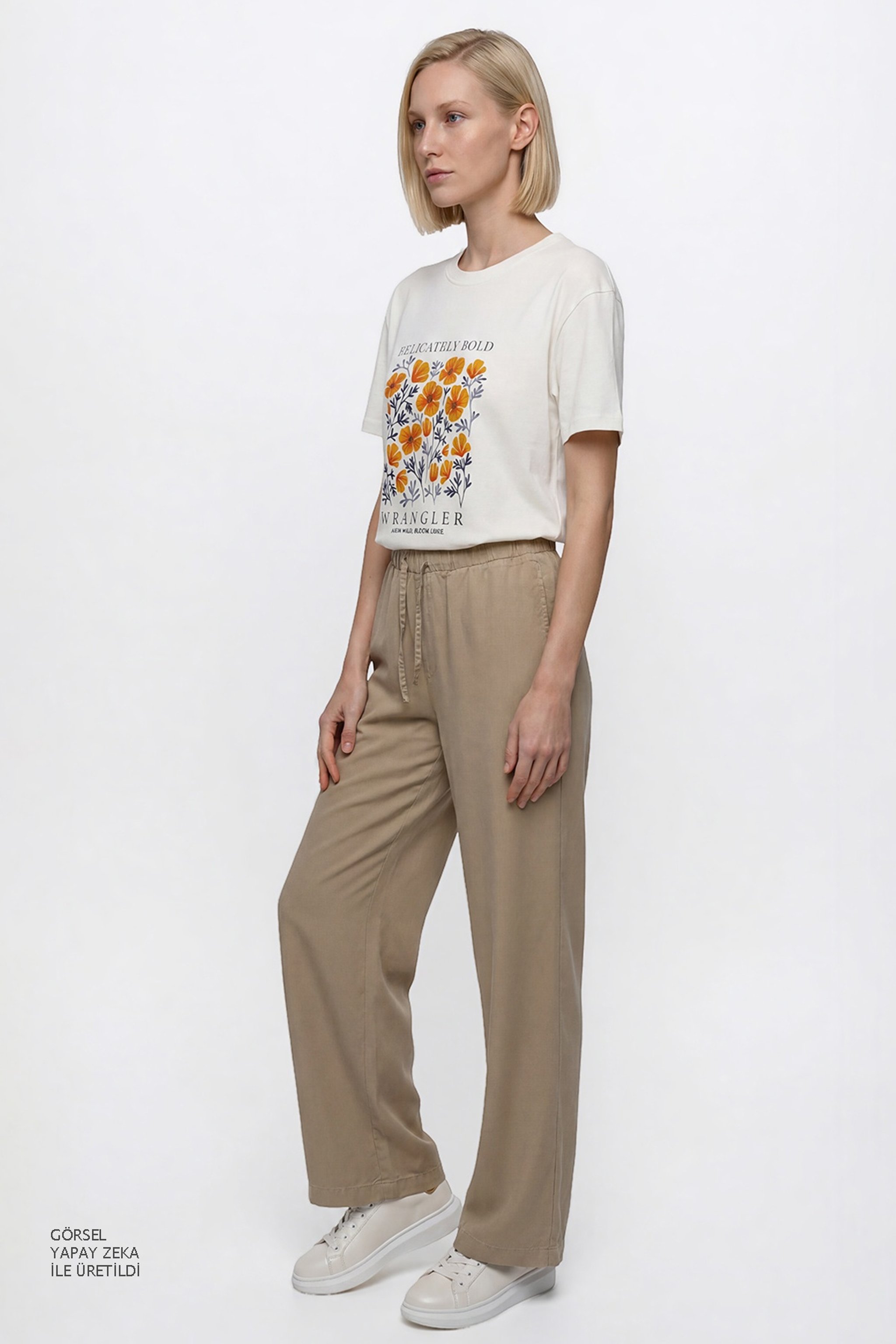 Yumuşak Dokulu Wide Leg Fit Normal Bel Cepli Esnek Pantolon - Beige-W2610120614 (görsel 3)