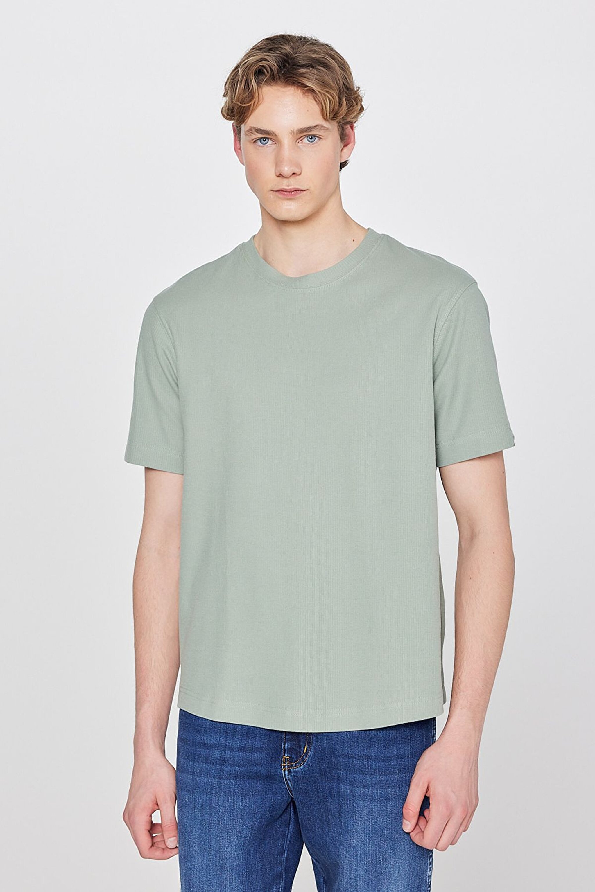 %100 Pamuk Regular Fit Normal Kesim Bisiklet Yaka Basic Premium Tişört - Turquoise-W2610159306 (görsel 2)
