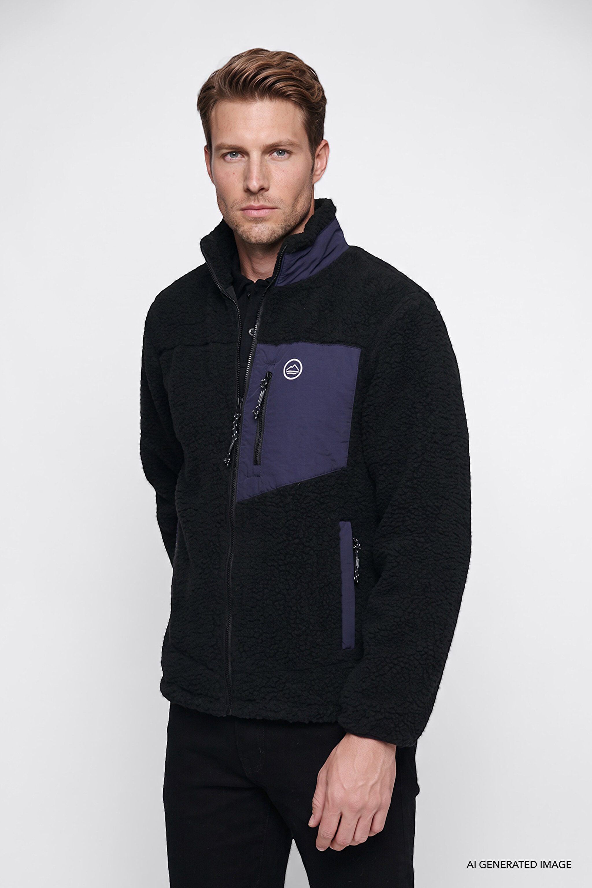 Regular Fit Normal Kesim Dik Yaka Tam Fermuarlı Cepli Sherpa Sweatshirt Polar - Black-W2620003001