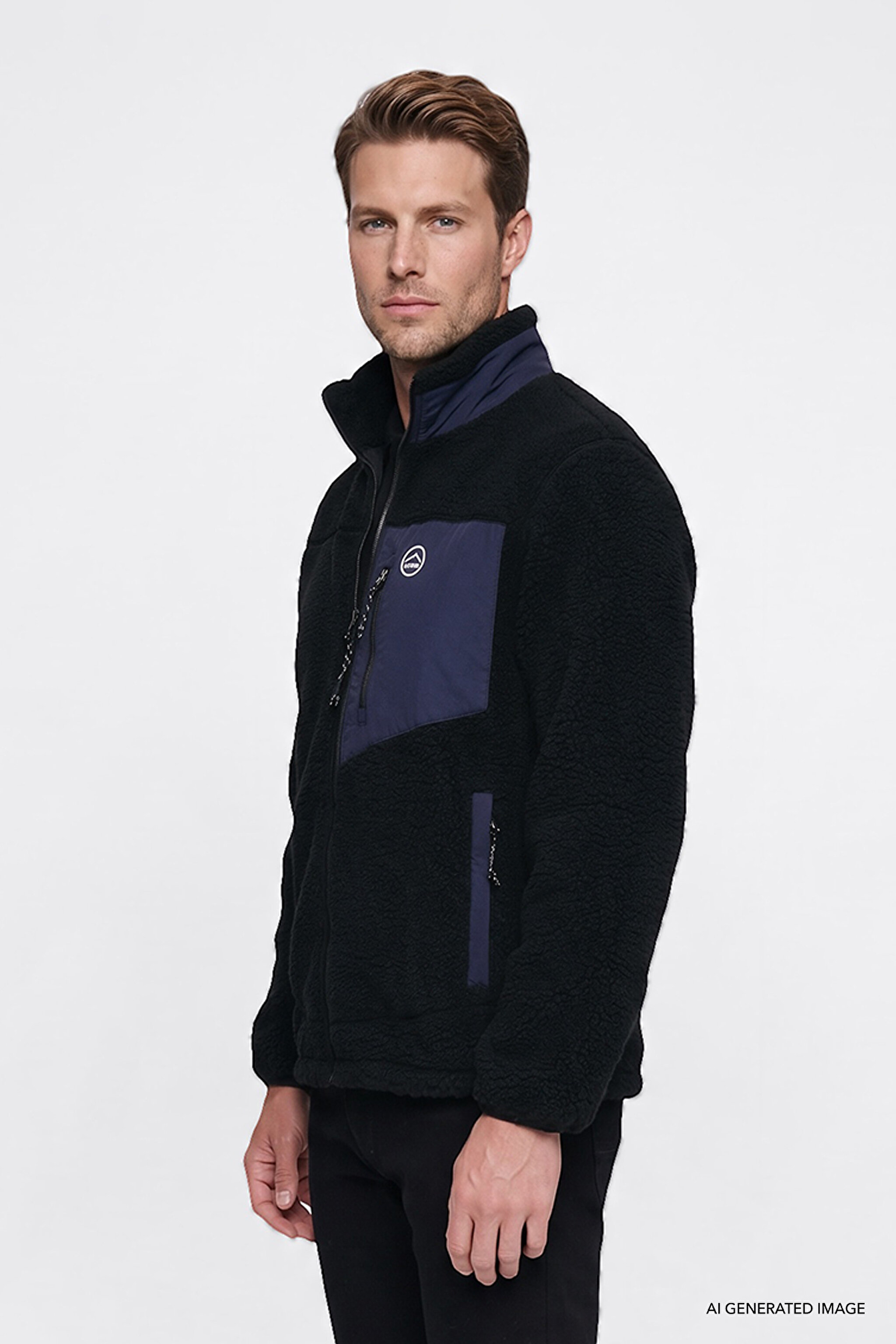 Regular Fit Normal Kesim Dik Yaka Tam Fermuarlı Cepli Sherpa Sweatshirt Polar - Black-W2620003001 (görsel 5)