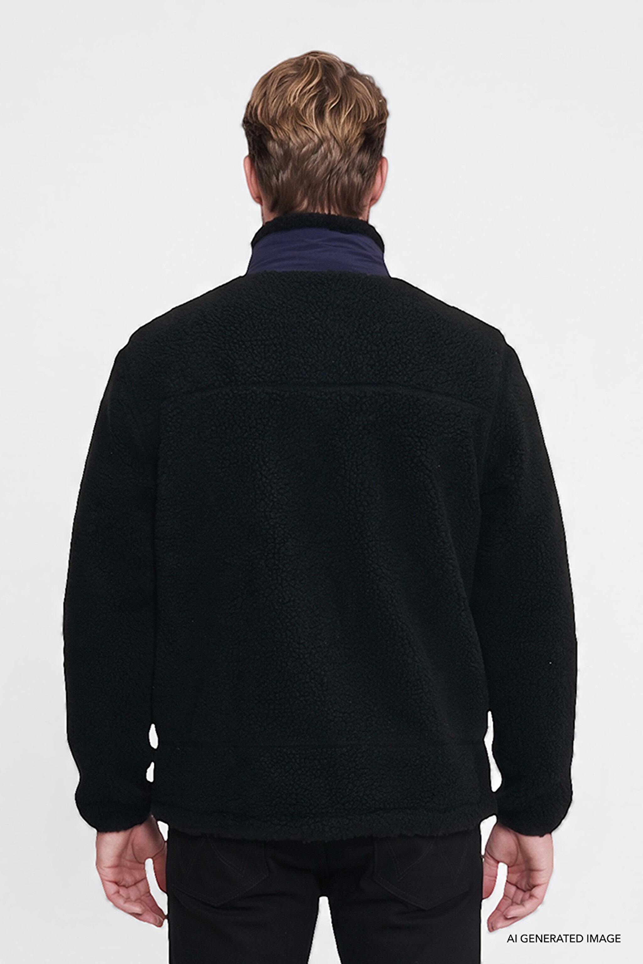 Regular Fit Normal Kesim Dik Yaka Tam Fermuarlı Cepli Sherpa Sweatshirt Polar - Black-W2620003001 (görsel 6)