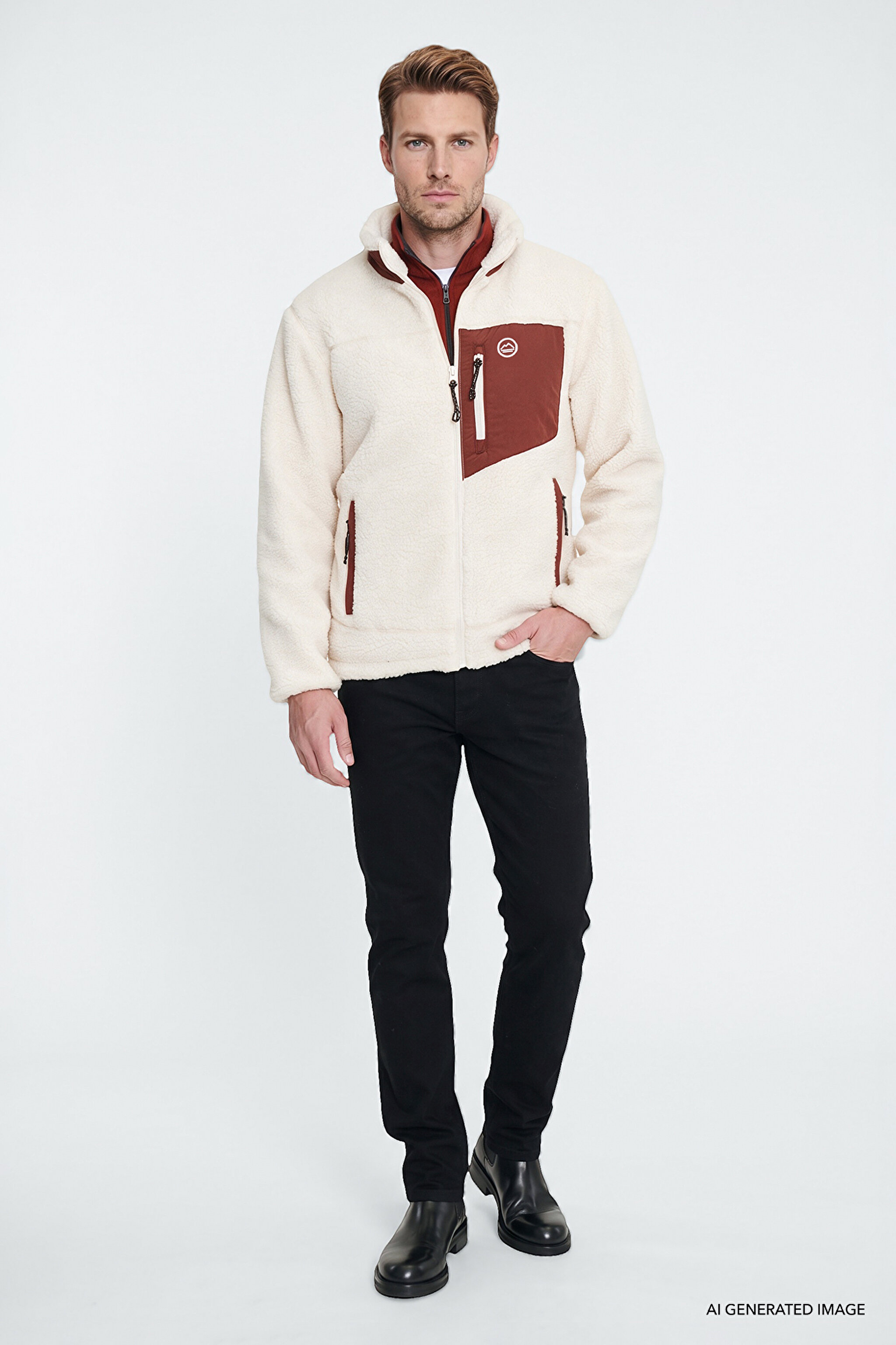 Regular Fit Normal Kesim Dik Yaka Tam Fermuarlı Cepli Sherpa Sweatshirt Polar - Ecru-W2620003104 (görsel 2)